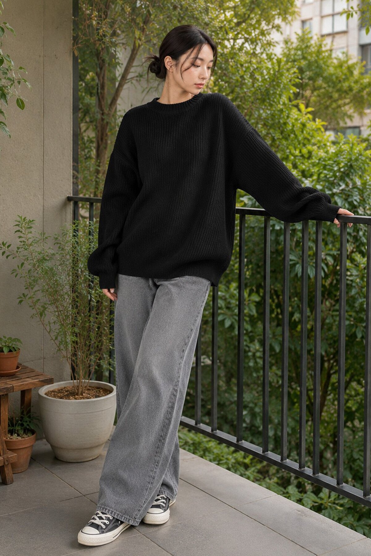 Abruzzo Siyah Bisiklet Yaka Oversize Kadın Triko Kazak görsel 8