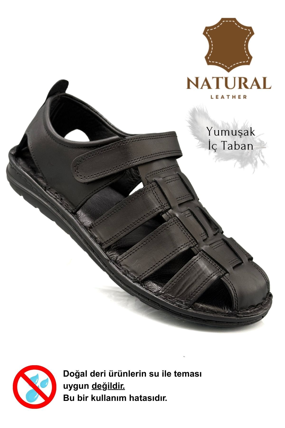 sermoda %100 Hakiki Deri Burnu Kapalı Erkek Sandalet Siyah görsel 3
