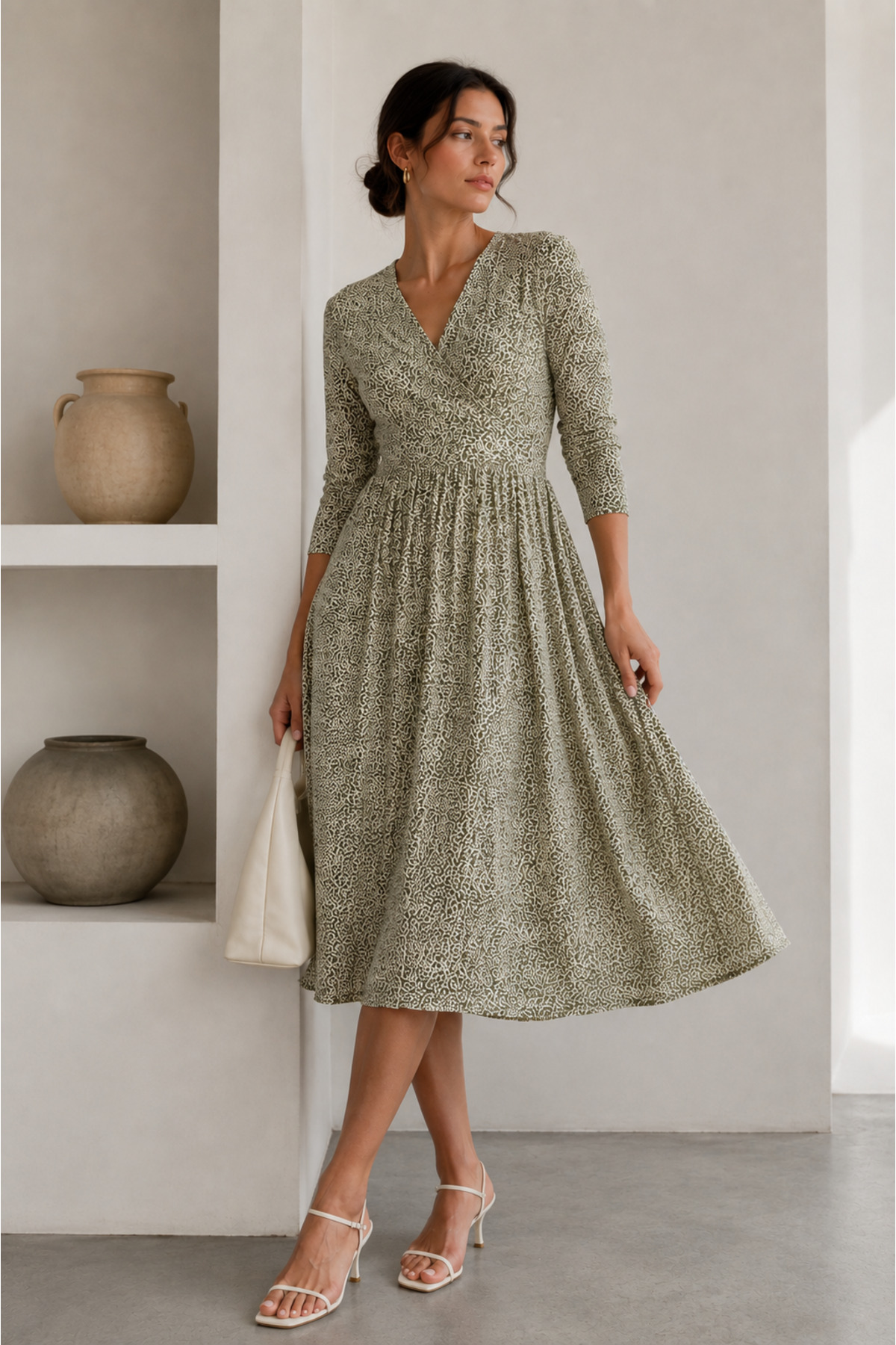bb butik basic Desenli Kruvaze Yaka Midi Elbise PL3547 görsel 4
