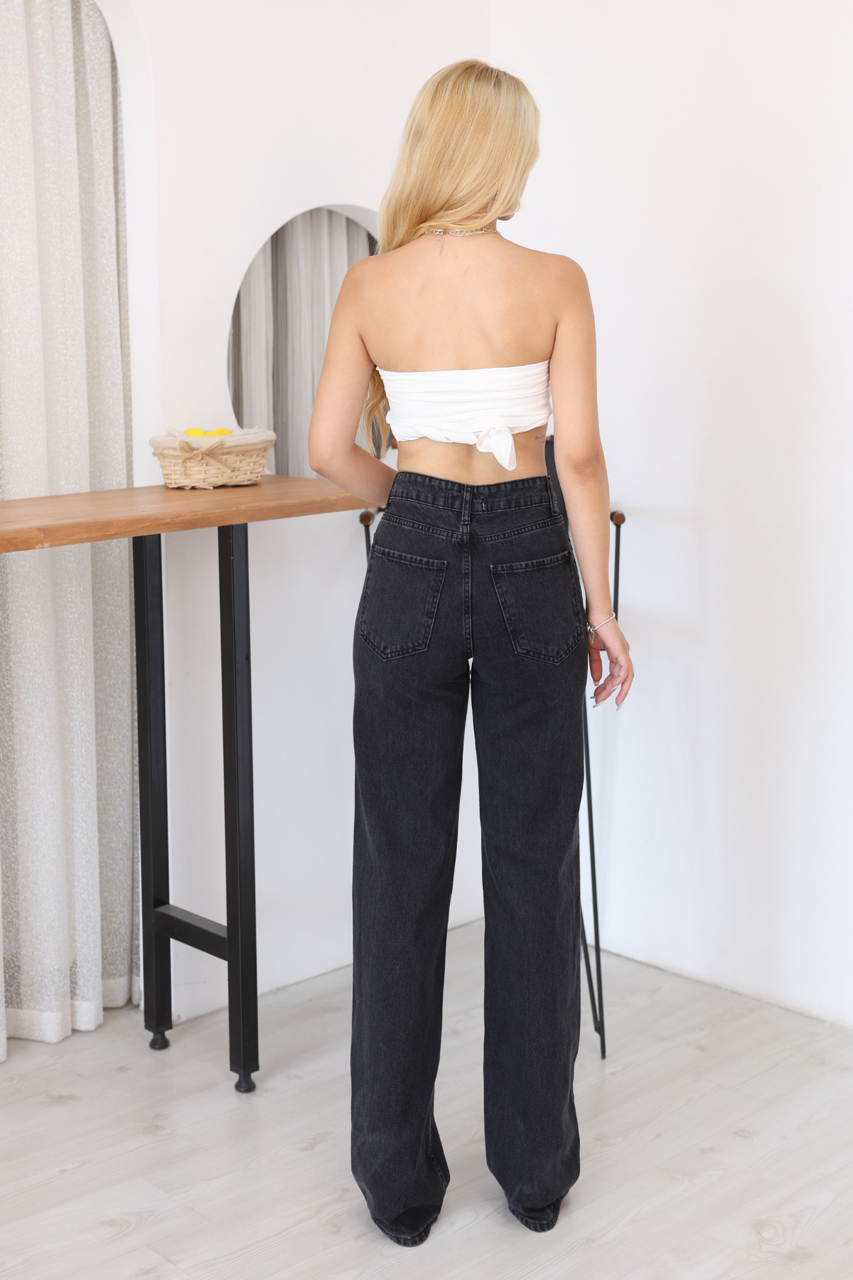 Kadın Antrasit Yüksek Bel Wide Leg Palazzo Jean Pantolon