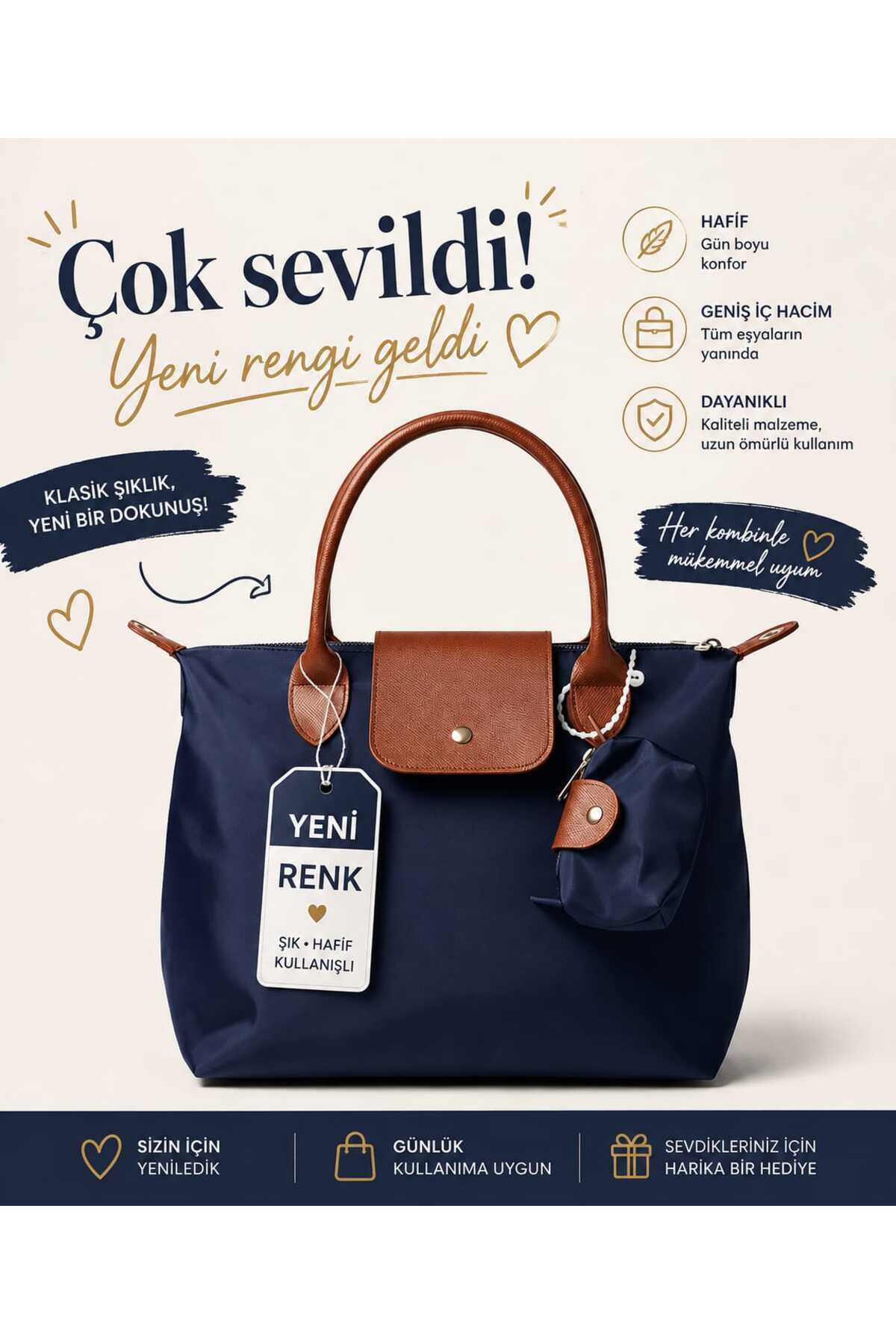 Classbag Charmlı Lacivert-Taba Deri Saplı Büyük Boy Suya Dayanıklı Paraşüt Kumaş Kadın Omuz Çantası görsel 2