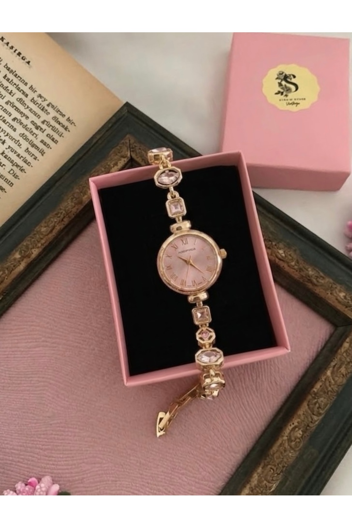 Choppers Vintage Pembe Taş Ayarlanabilir Kordon Kadın Saat Hediye Kutusunda görsel 4