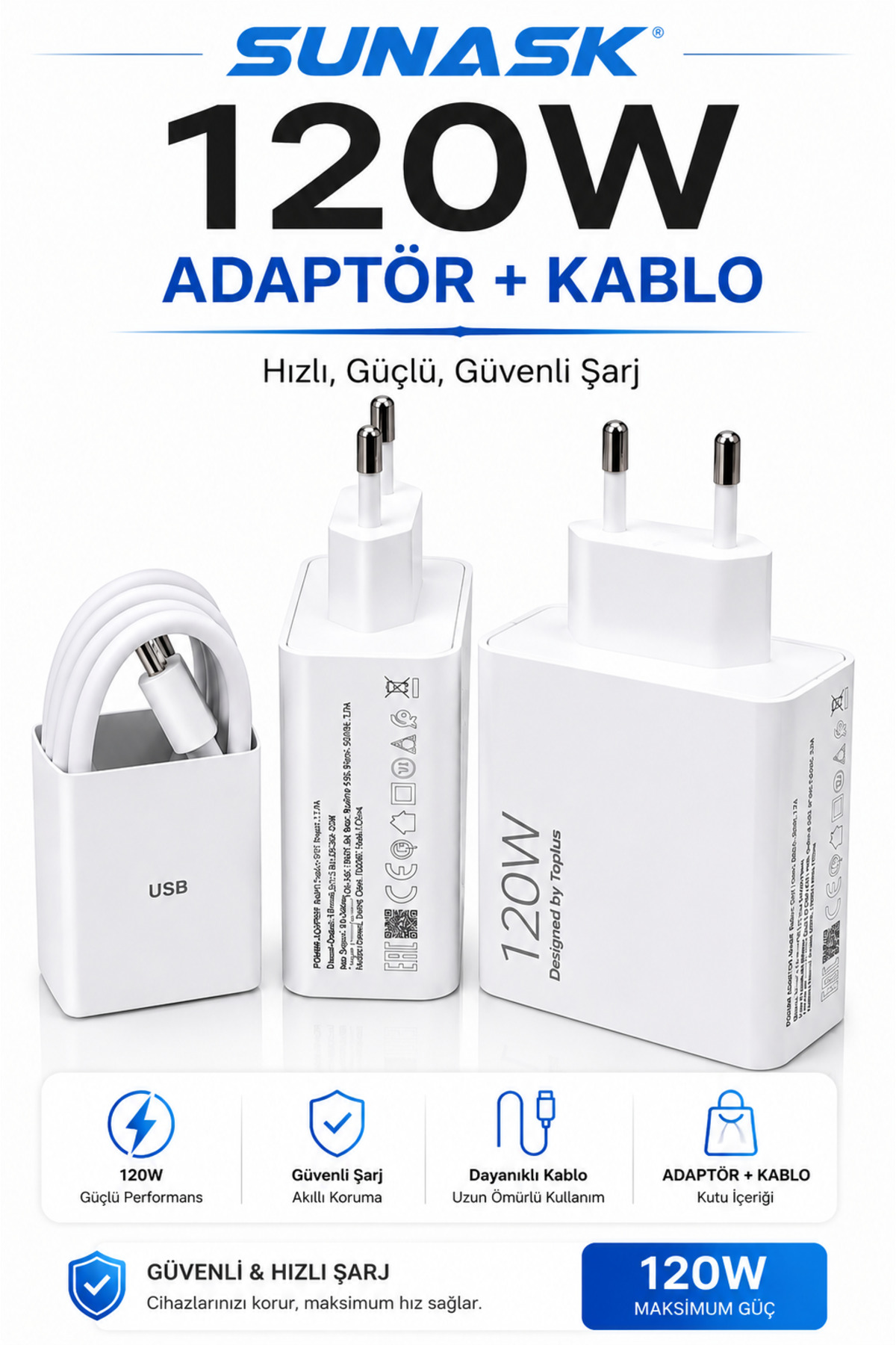 SUNASK SN-120W 120 Watt Hızlı Şarj Aleti BAŞLIK+KABLO (TYPE-C)6a Usb Mi Redmi Poco Android IOS Uyumlu Şarj Cihazı Seti