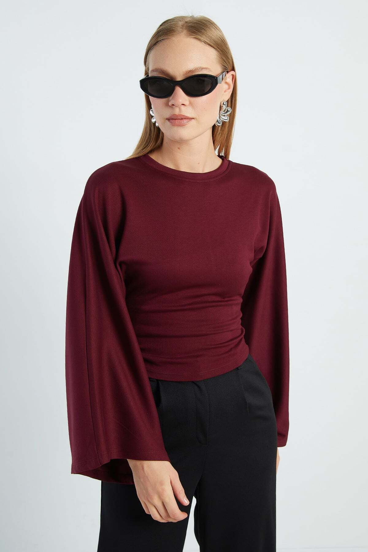 Fulla Moda Drapeli Geniş Kol Modal Bluz görsel 5