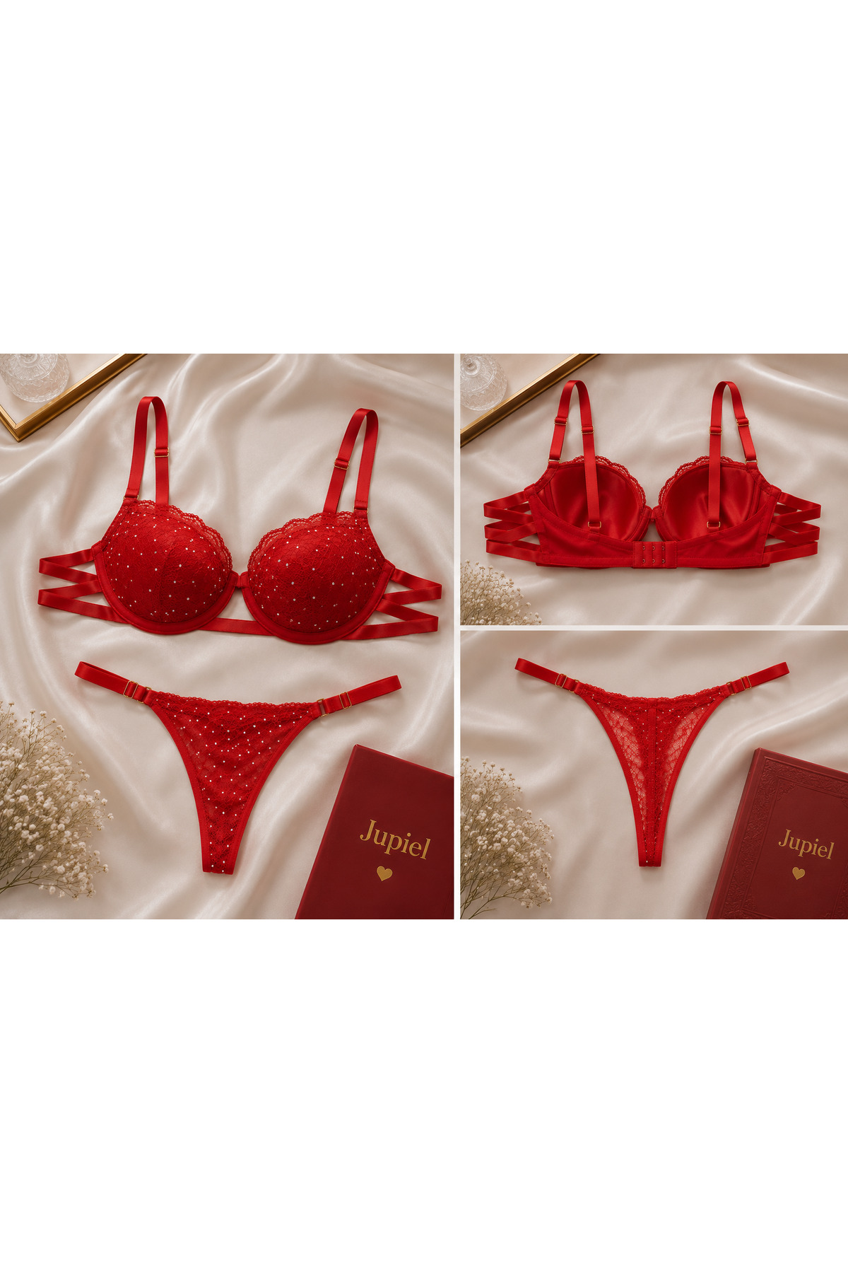 Luvia Lingerie Kadın Kırmızı Taş Detaylı Dantelli Push Up Sütyen Tanga İç Giyim Takımı görsel 2