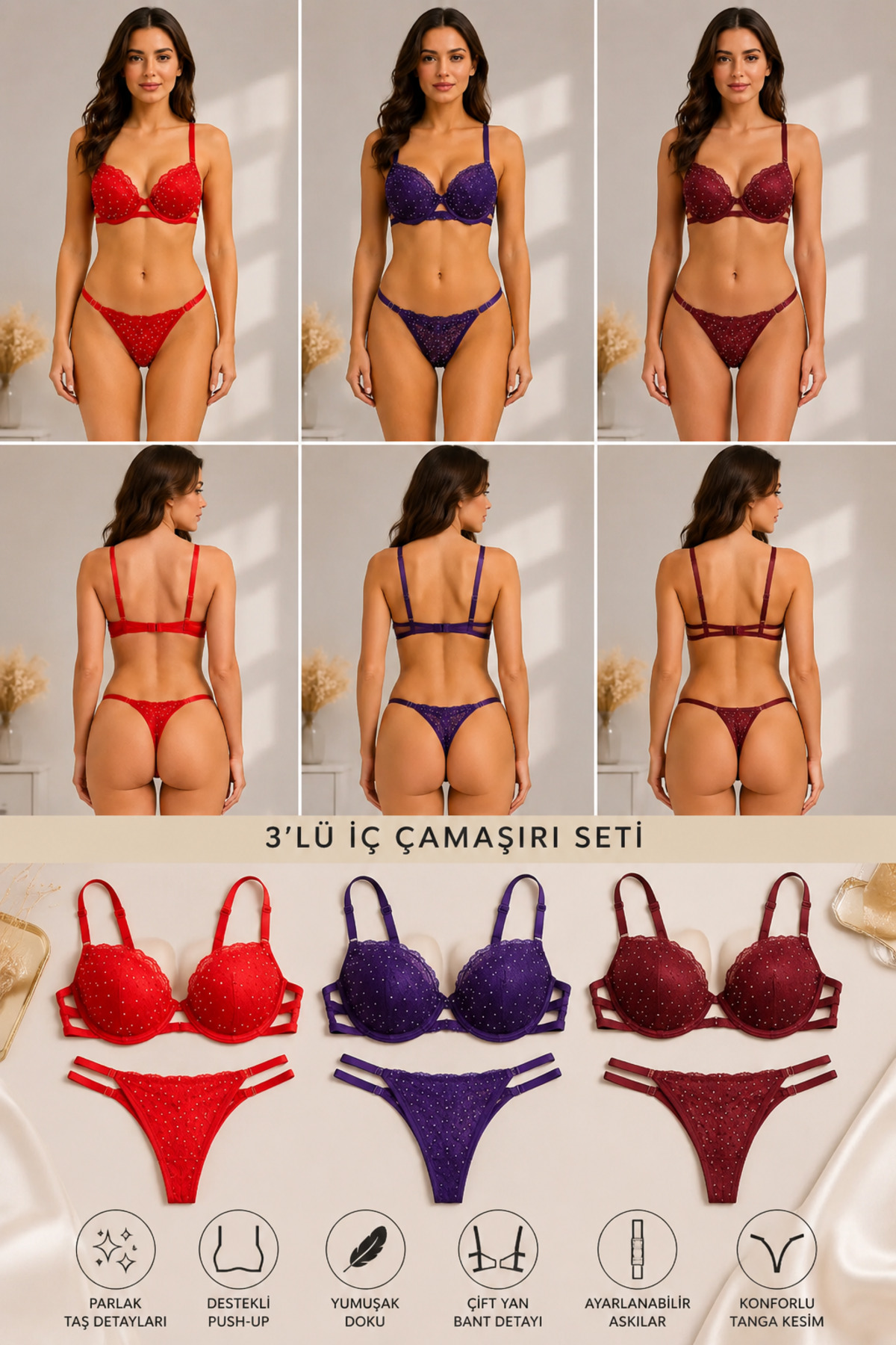 Luvia Lingerie 3’lü Kadın Taşlı Destekli Push-Up Sütyen Tanga İç Giyim Seti.