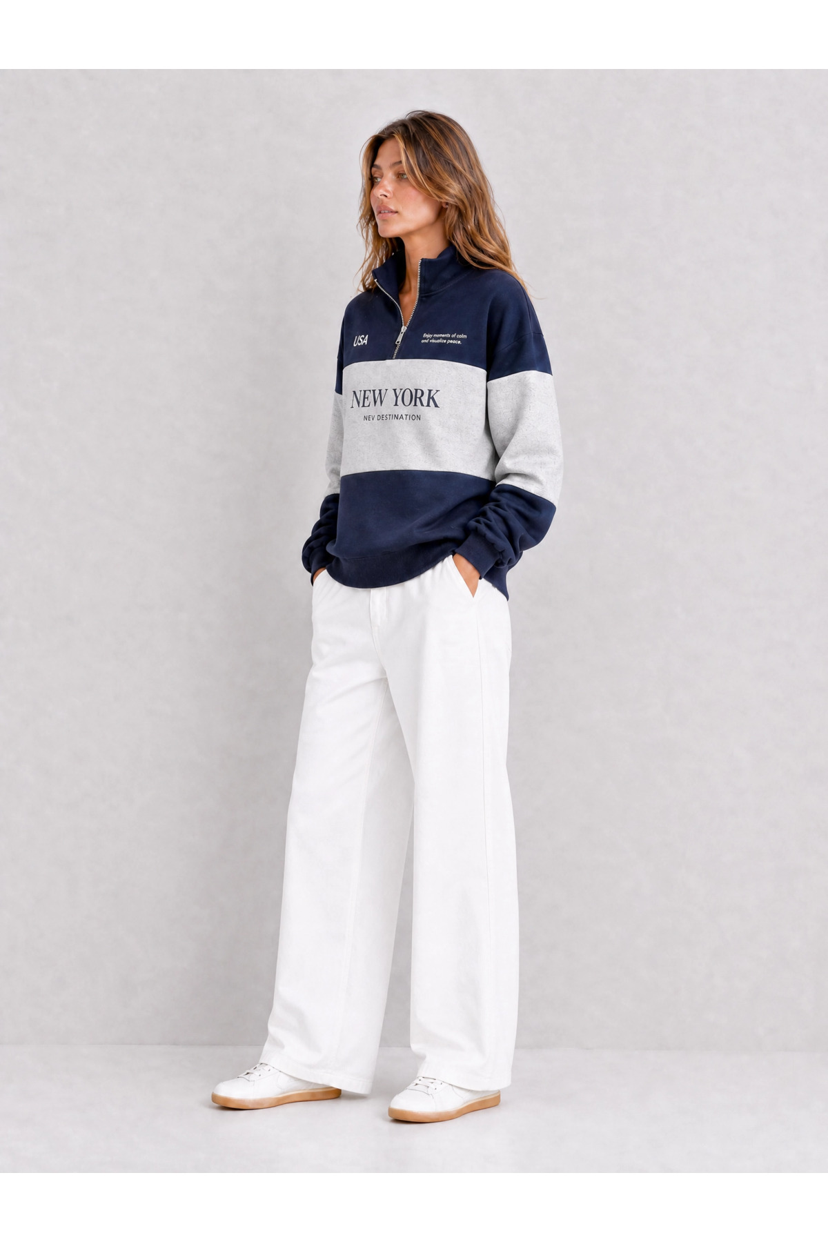 ESADE Kadın Lacivert New York Baskılı Bloklu Dik Yaka Yarım Fermuarlı Sweatshirt görsel 5