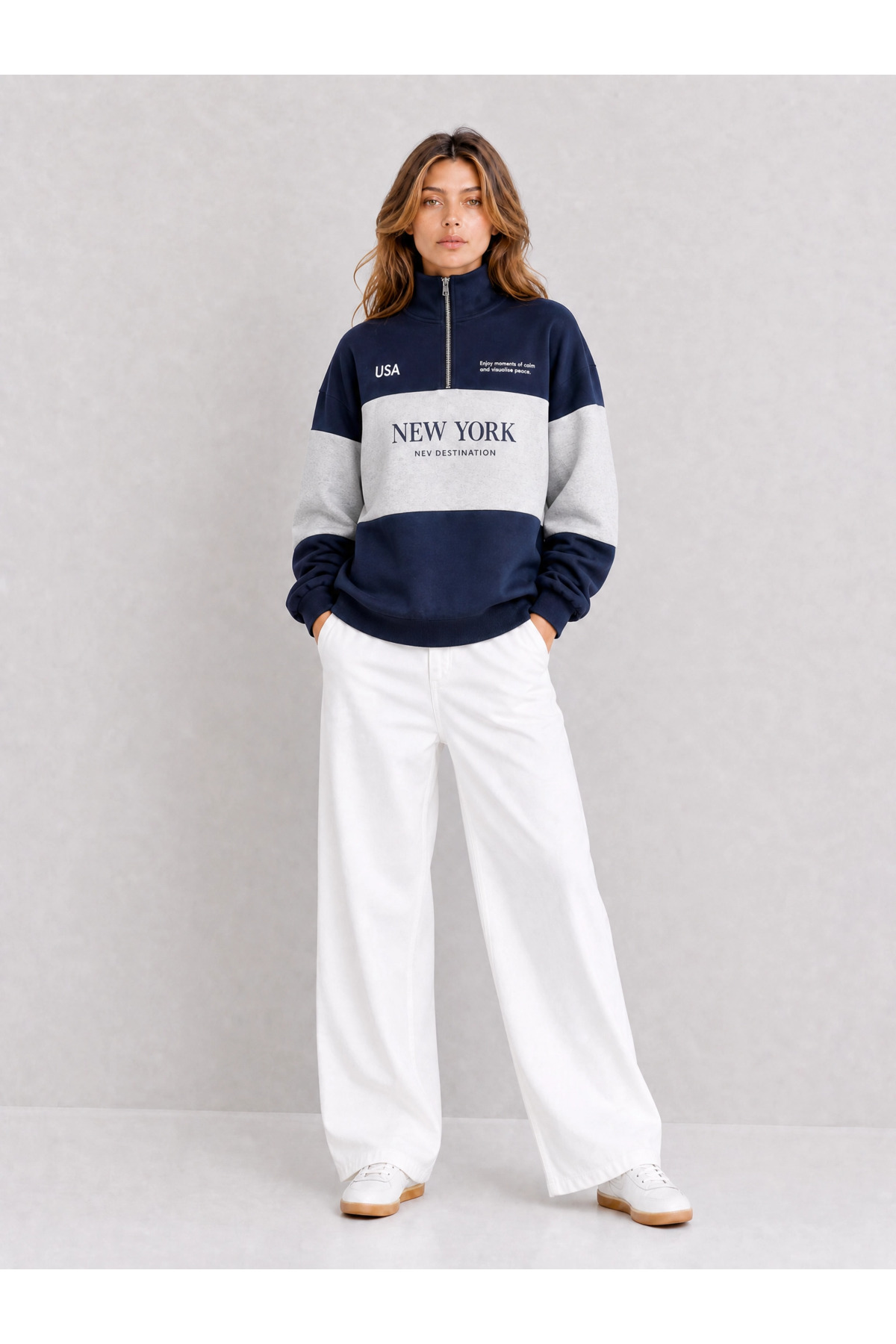 ESADE Kadın Lacivert New York Baskılı Bloklu Dik Yaka Yarım Fermuarlı Sweatshirt görsel 4