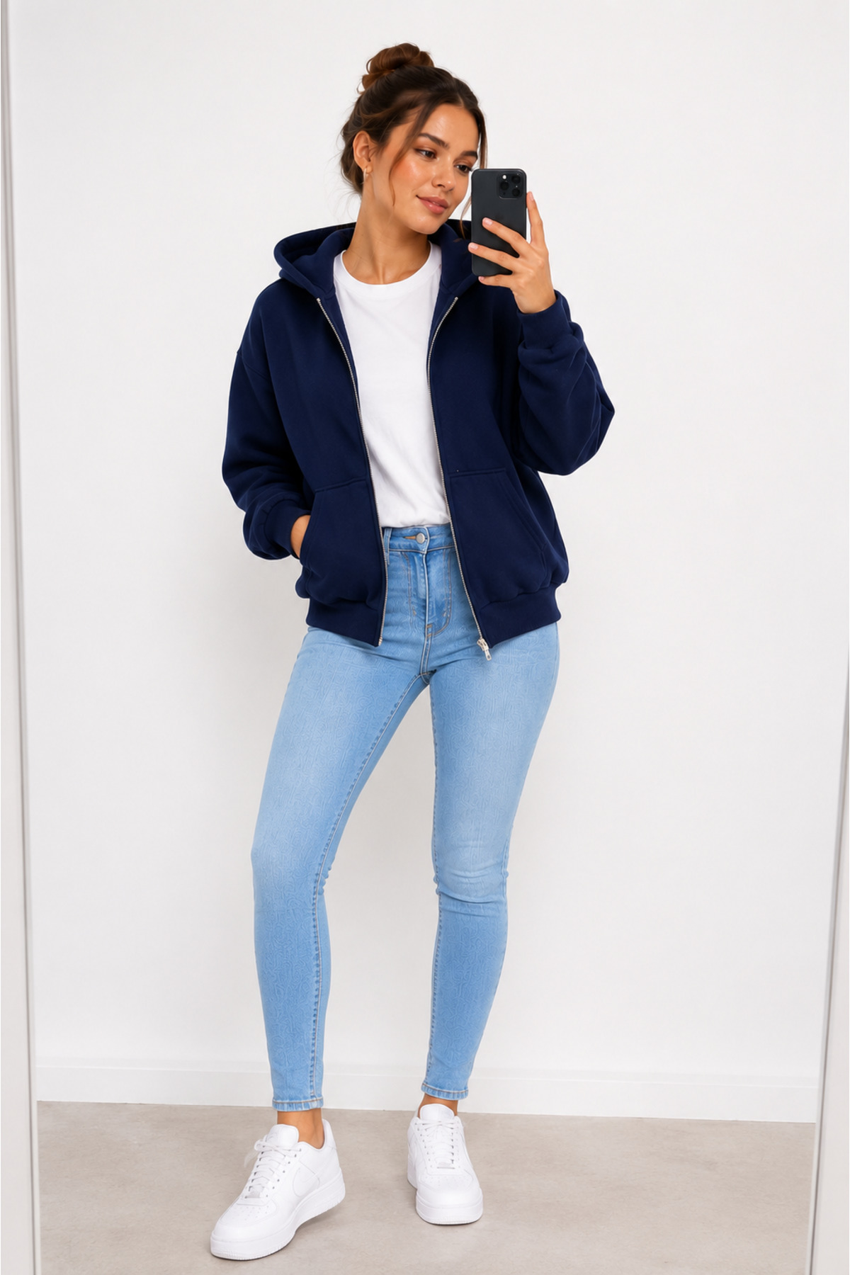 ESADE Kadın Lacivert Oversize Hoodie Cepli Fermuarlı Kapüşonlu Sweatshirt