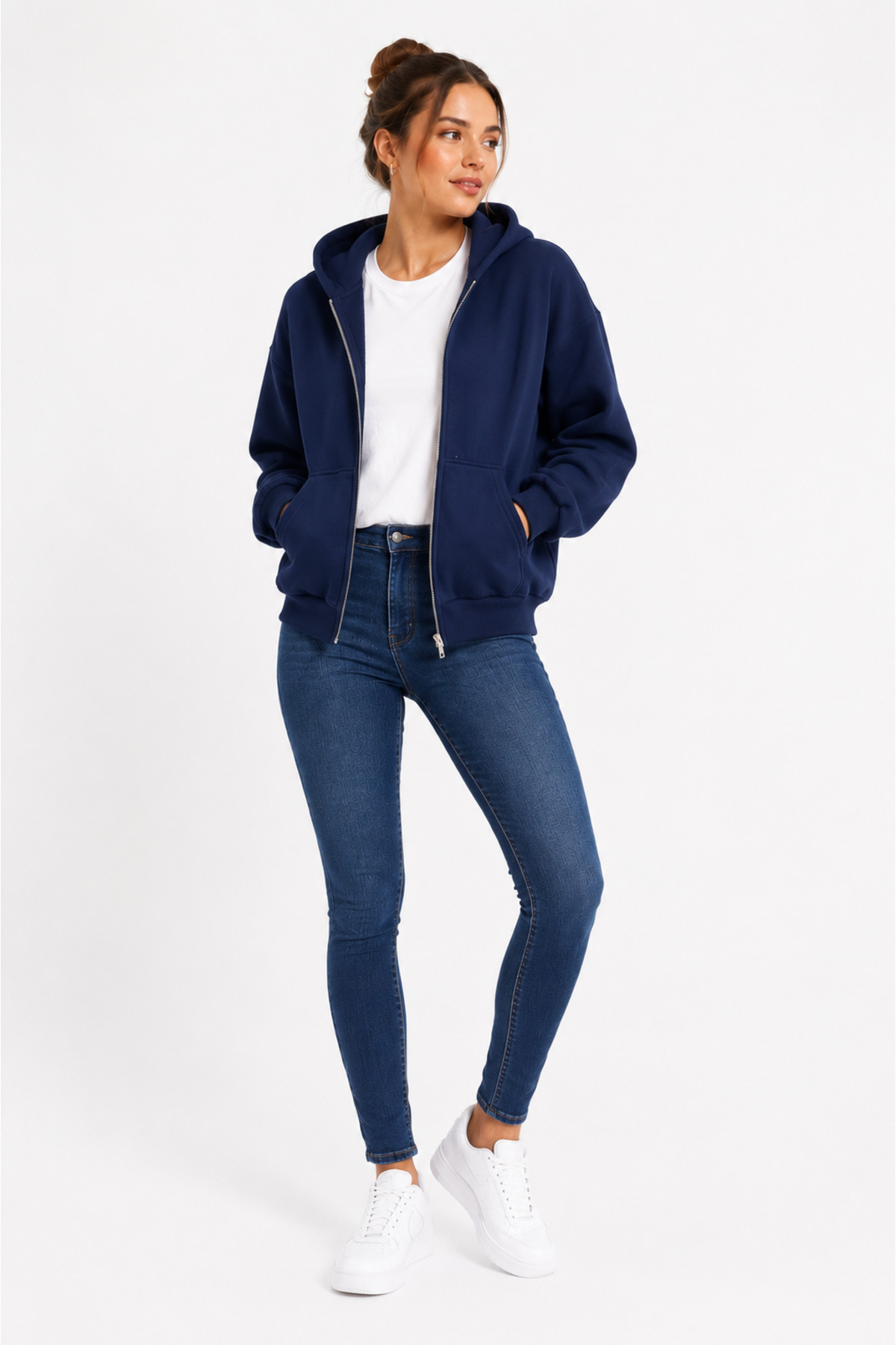 ESADE Kadın Lacivert Oversize Hoodie Cepli Fermuarlı Kapüşonlu Sweatshirt görsel 2