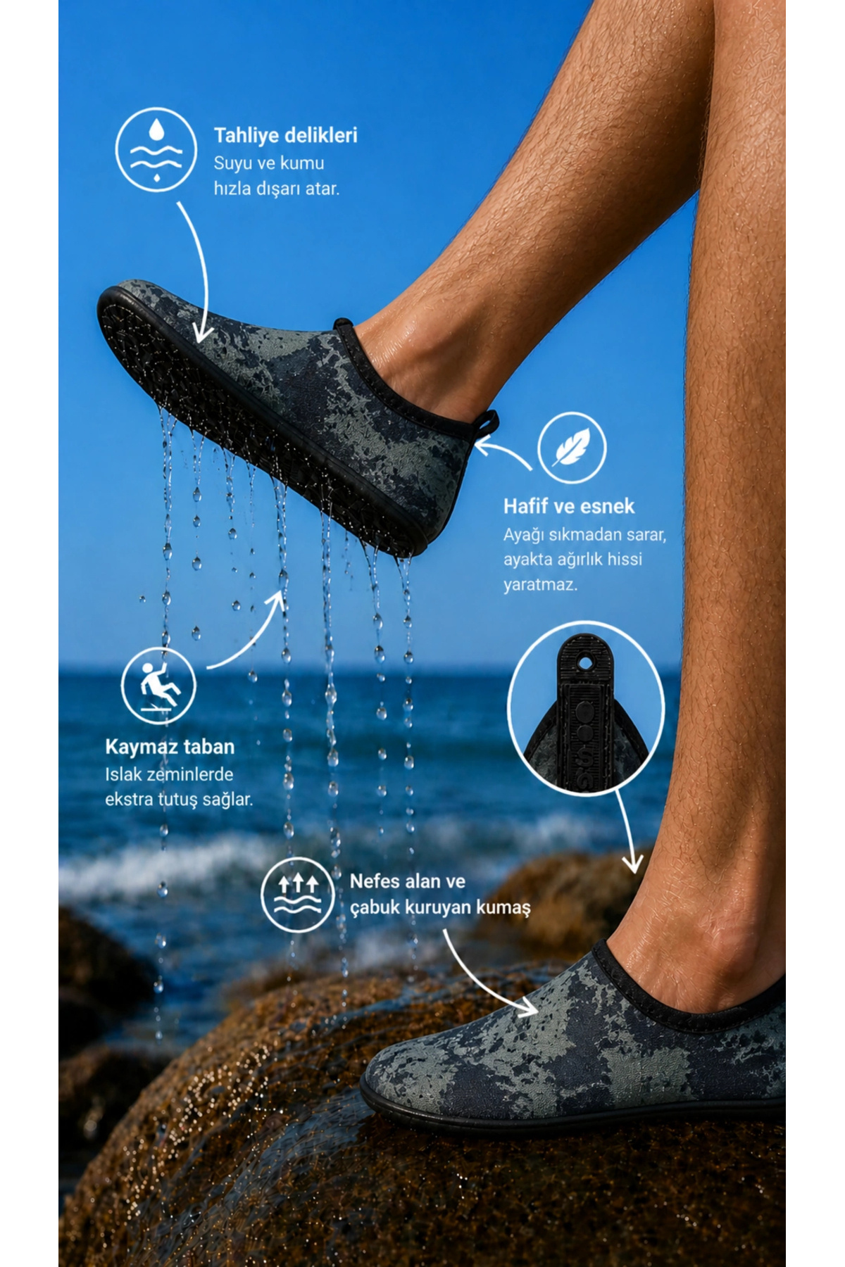shoecide Haki Renk Kamuflaj Desen Erkek Deniz Ayakkabısı, Hafif, Kaydırmaz, Hızlı Kuruyan Aqua Shoe görsel 3