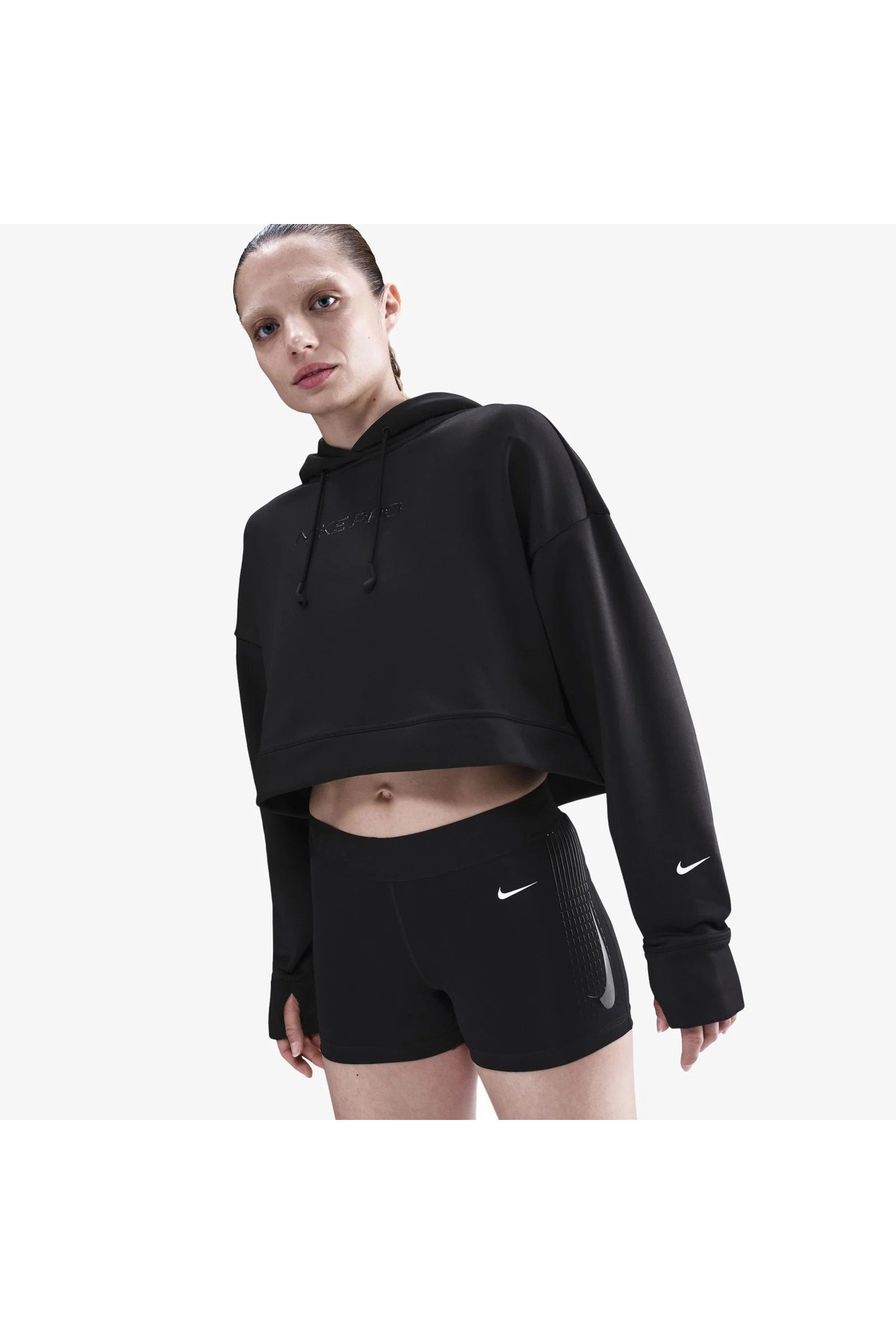 Nike Pro Therma-FIT Fleece Kadın Crop Kapüşonlu Siyah Antrenman Sweatshirt | HV3600-010