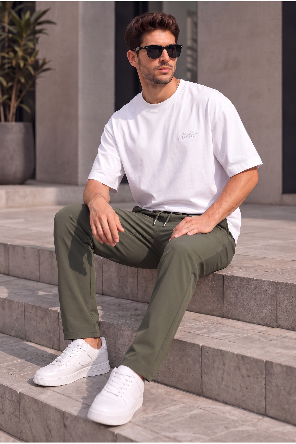 ASHEY Erkek Haki Paraşüt Baggy Pantolon Bol Kesim Bel Lastikli Nefes Alabilen Kumaş görsel 6