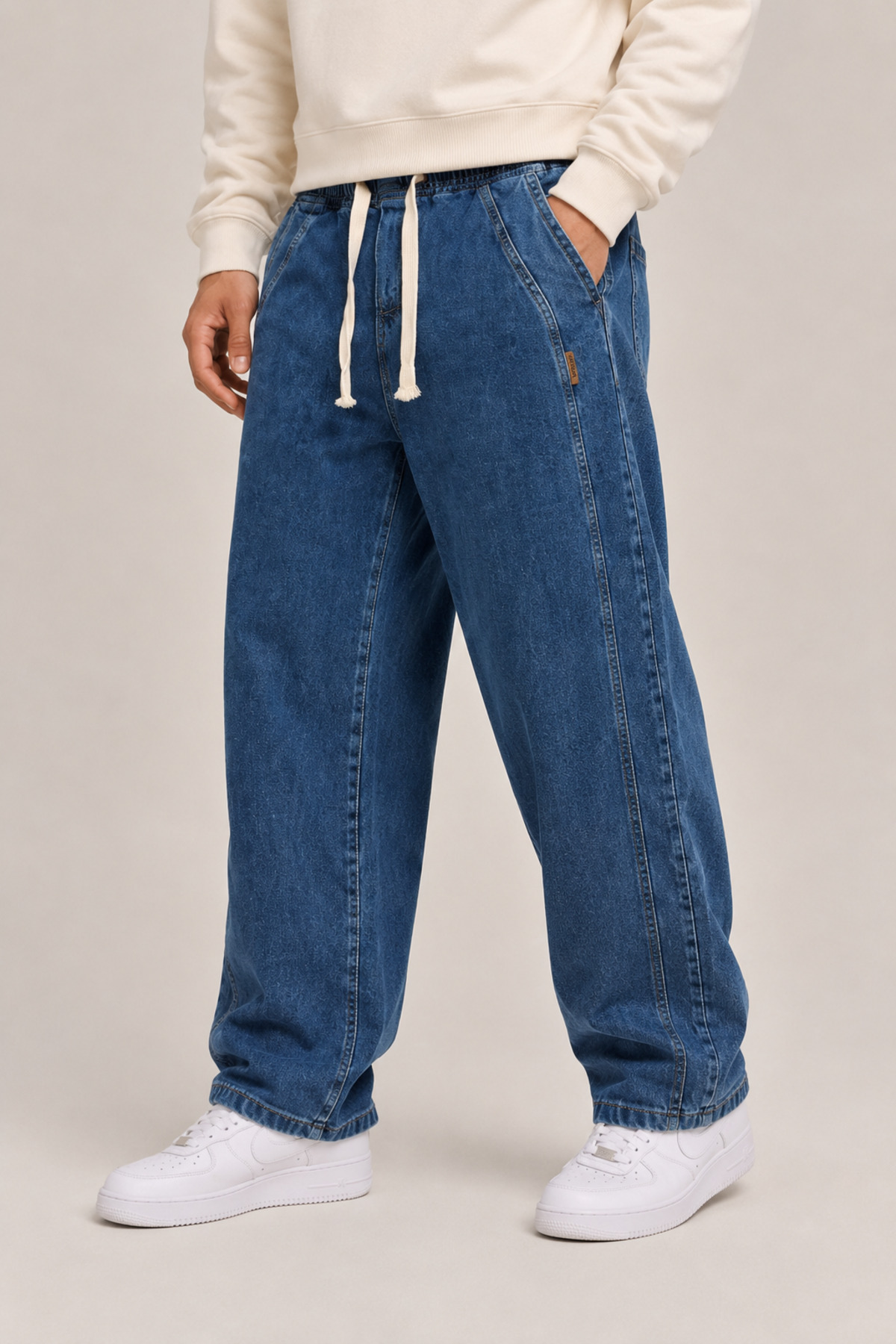 Erkek Mavi Beli Lastikli Bağcıklı Baggy Kot Pantolon – Esnek Jean Denim Rahat Kesim Düz Paça — آبی JEB09 — تصویر 4 از 6