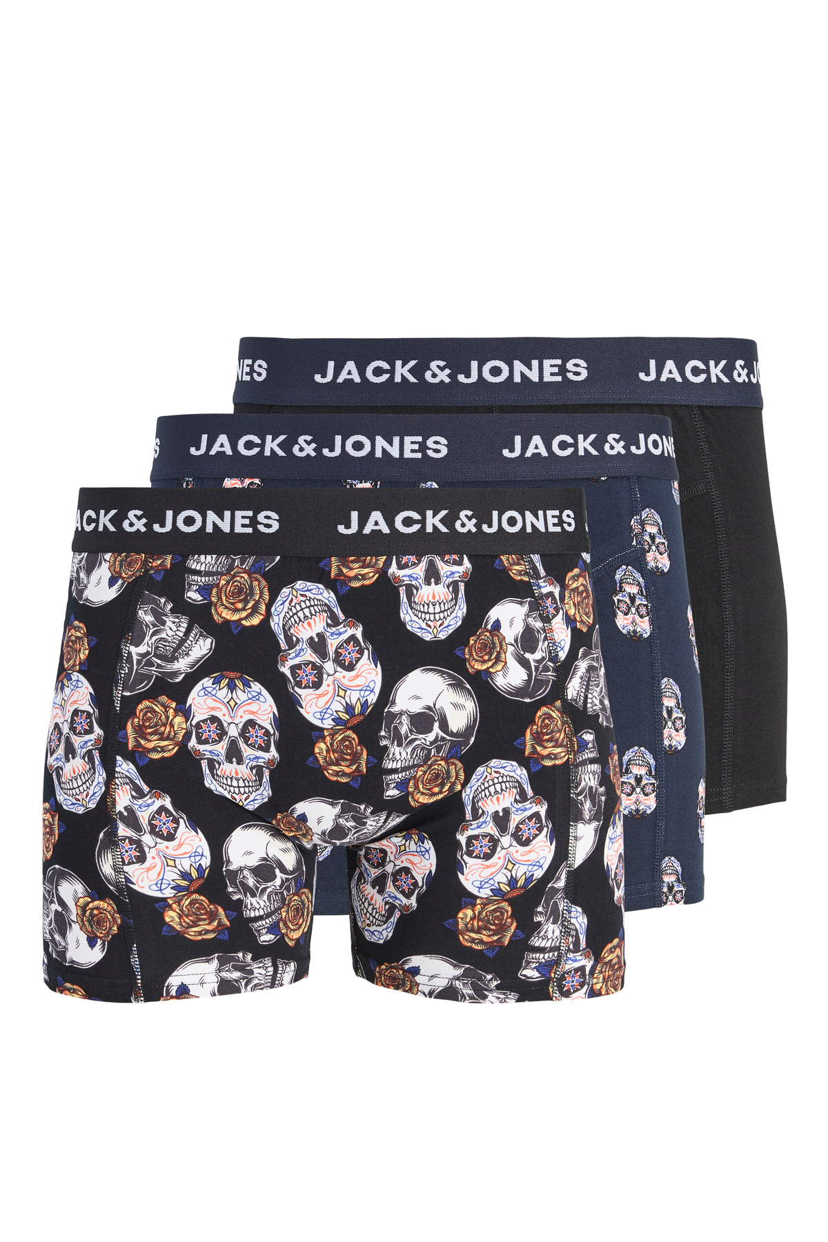 شلوارک بوکس مردانه مشکی جک جونز مدل Jacraul Skulls Trunks 3 Pack جک اند جونز باکسر Jack & Jones