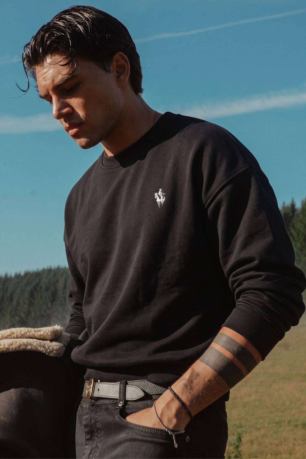 The Champ Clothing Men's Oversize Sweatshirt Rider Printed Black – Crew Neck, 3 Thread Raster Fleece