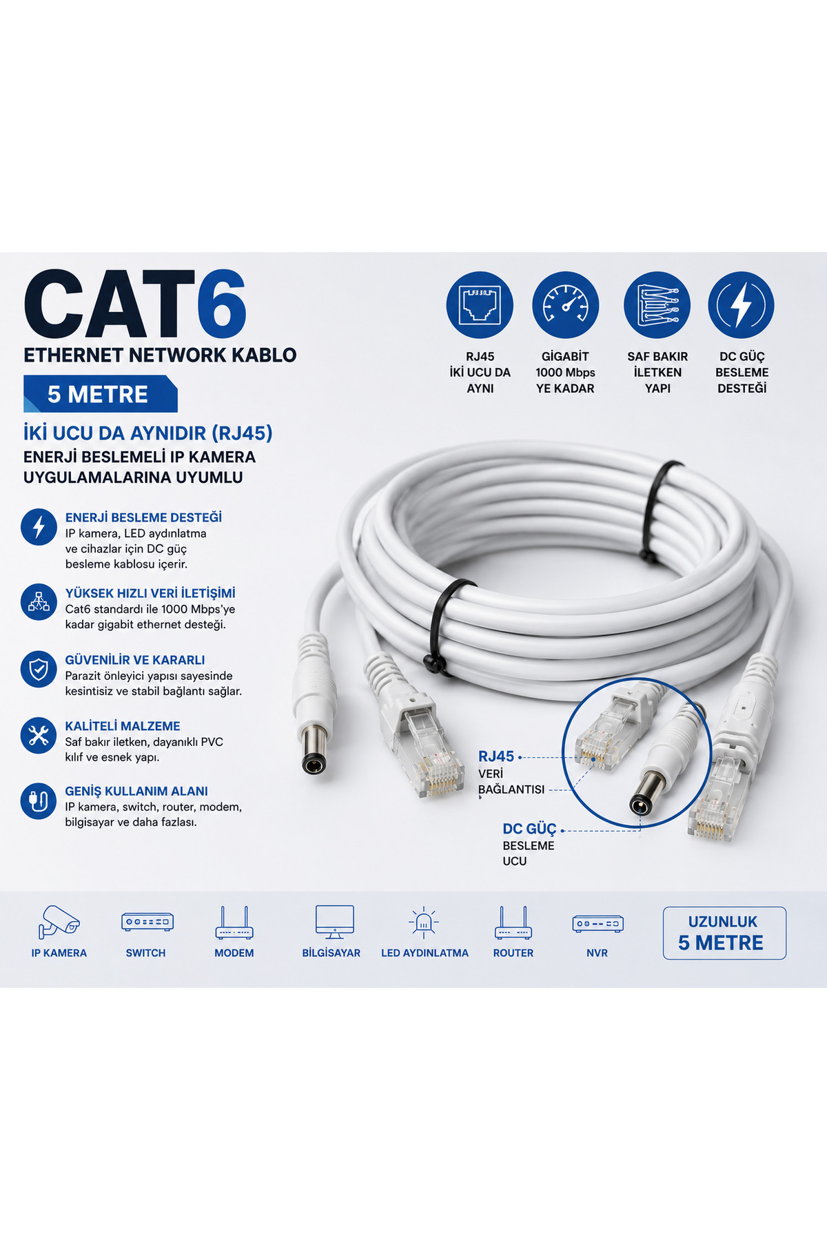 ExitCam IP Kamera CAT6 RJ45 + DC Enerji Beslemeli Bağlantı Kablosu 5 Metre