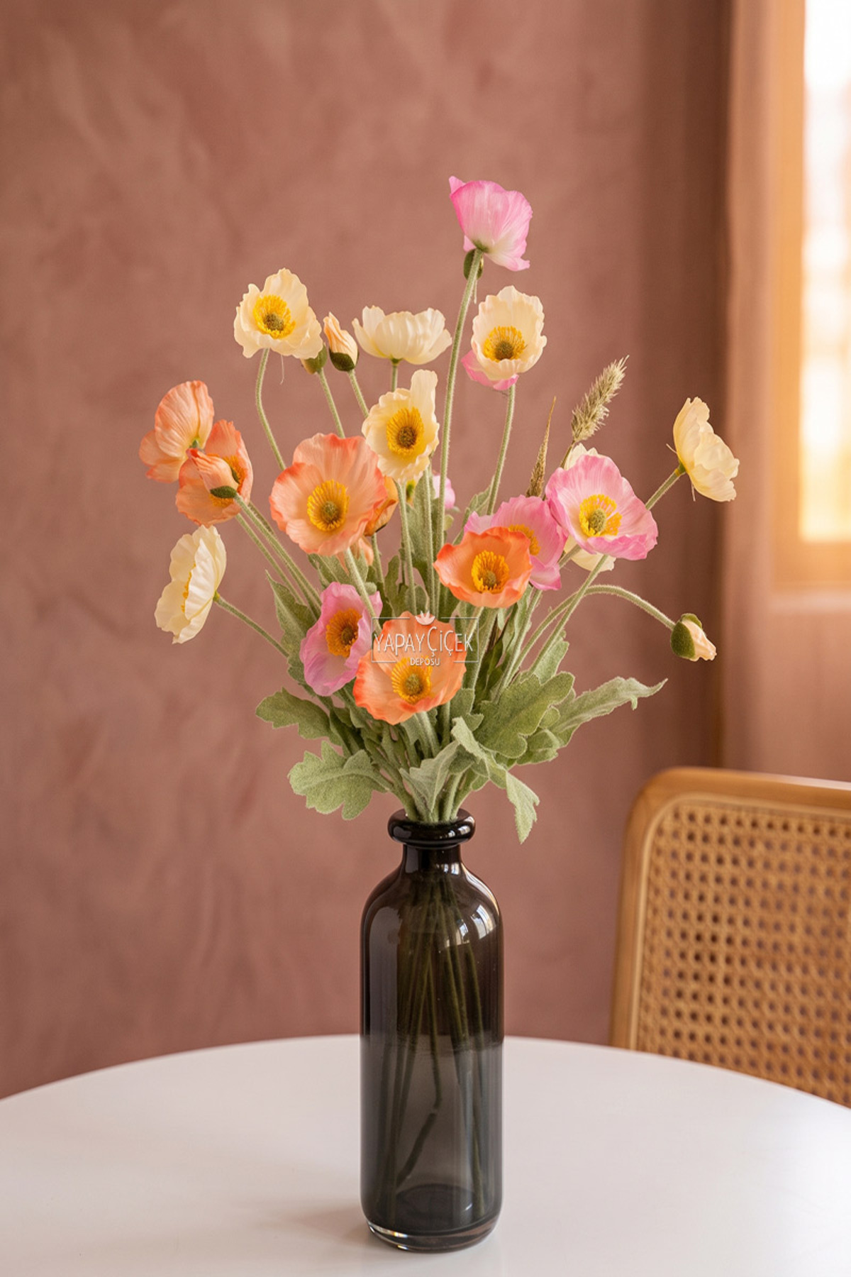 Yapay Gelincik Dalı 60 cm 3lü SET Somon-Krem-Açık Pembe