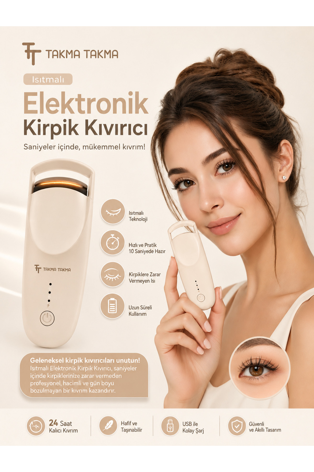 Kirpik Kıvırıcı Kirpik Şekillendirici Elektronik Isıtmalı Şarjlı – 2 Isıtma Modlu, 5 Saniyede Hızlı — بژ EKCB — تصویر 3 از 5