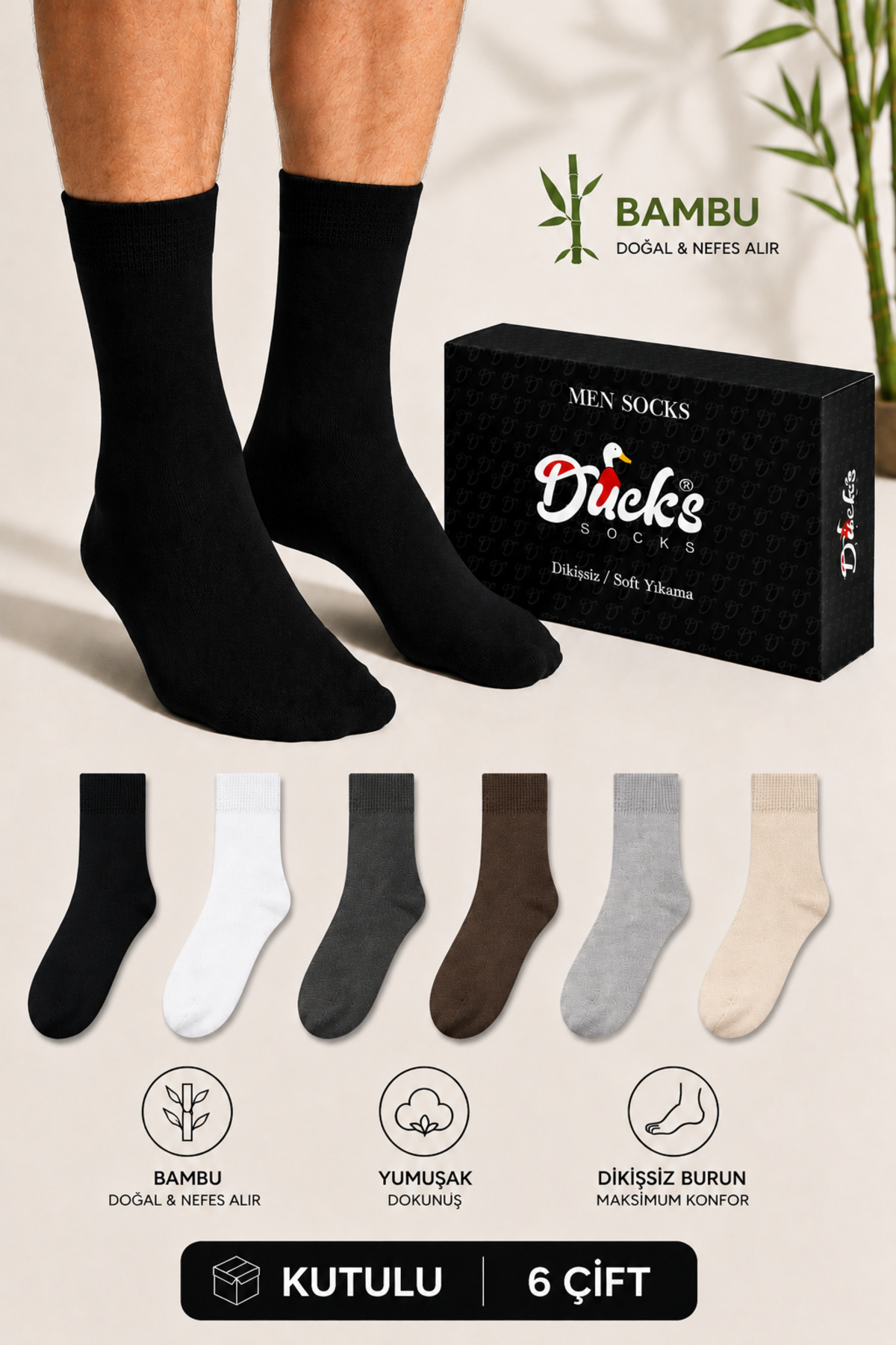 Erkek Bambu Çorap 6'lı Kutulu Dikişsiz Uzun Konç Yıkamalı Çok Renkli