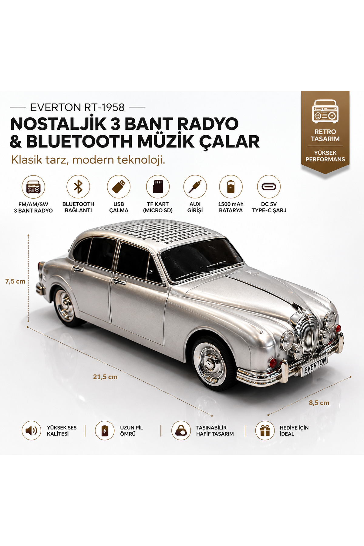 RT-1958 gümüş Arabalı Bluetooth Fm-Usb-Tf-Aux Şarjlı Nostaljik Radyo