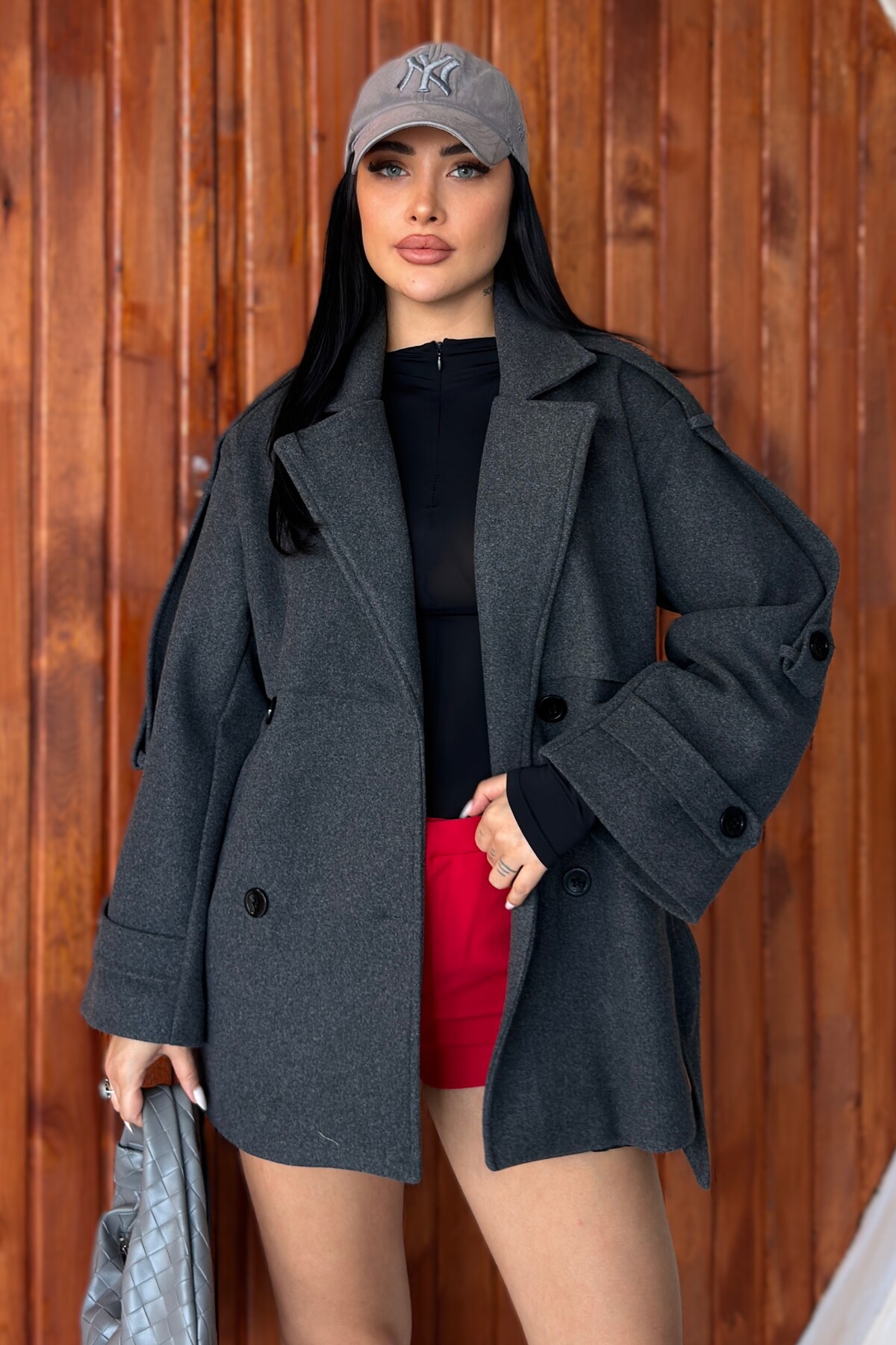moda armanc Kadın Kuşaklı Kaşe Trençkot Ceket Dik Yaka Çift Düğmeli Oversize Kaban görsel 2