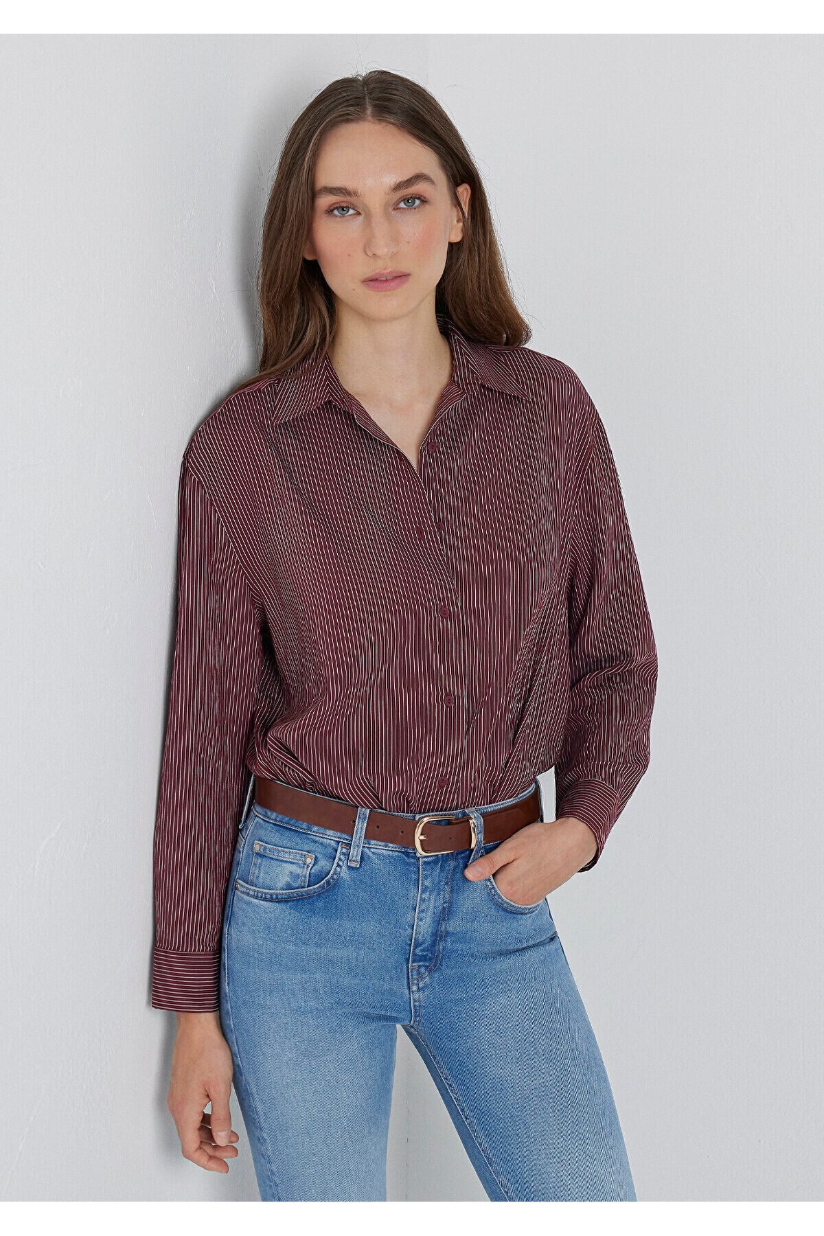 UZUN KOLLU GÖMLEK Zinfandel Stripe — زرشکی M1210683-91627 — تصویر 4 از 7