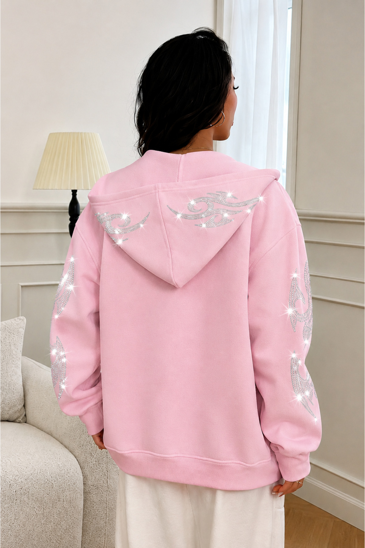 MOONBULL Kadın Kolları ve Kapüşonu Tribal Desen Taş Baskılı Fermuarlı Sweatshirt görsel 2