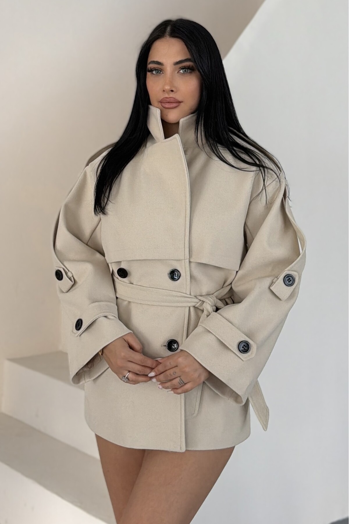 moda armanc Kadın Kuşaklı Kaşe Trençkot Ceket Dik Yaka Çift Düğmeli Oversize Kaban görsel 6