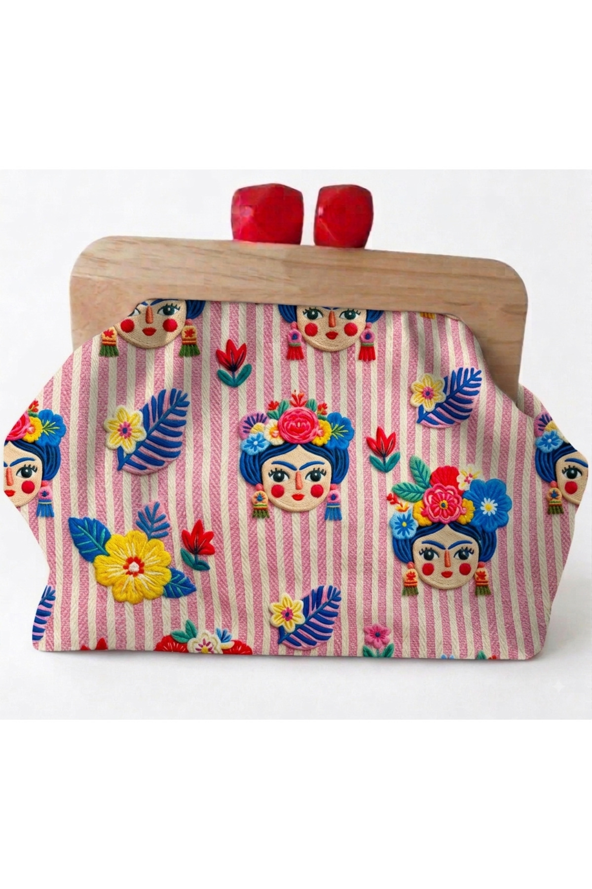 handedizayn Ahşap Burslu Pembe Frida Kahlo Desenli Kadın Clutch El Çantası