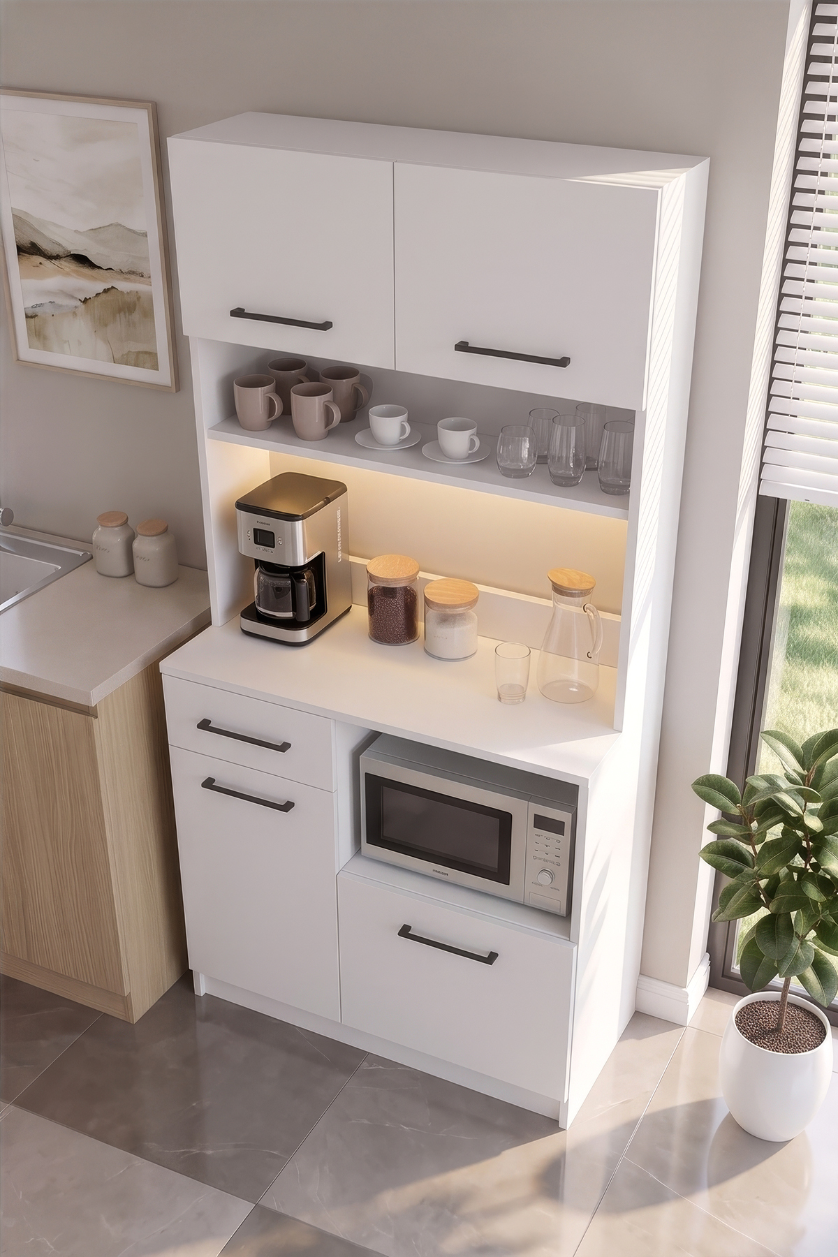 کابینت قهوه‌خوری مدرن با نور LED - ۴ درب و ۱ کشو - کابینت چندمنظوره با نور LED و فضای ذخیره‌سازی وسیع