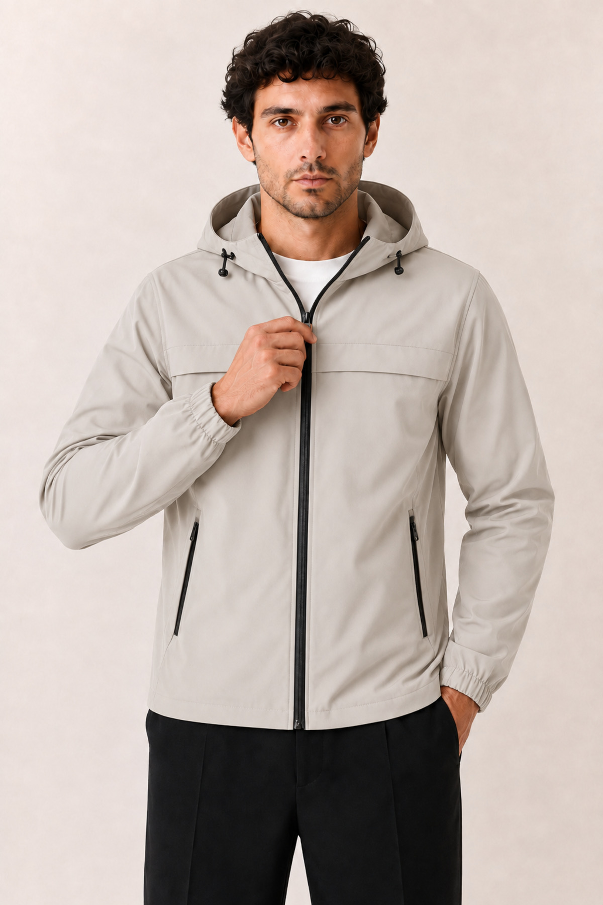بارانی مردانه کلاهدار، ضد آب، ضد باد، زیپدار، مناسب فصل — بژ RAE-SEASONAL-COAT
