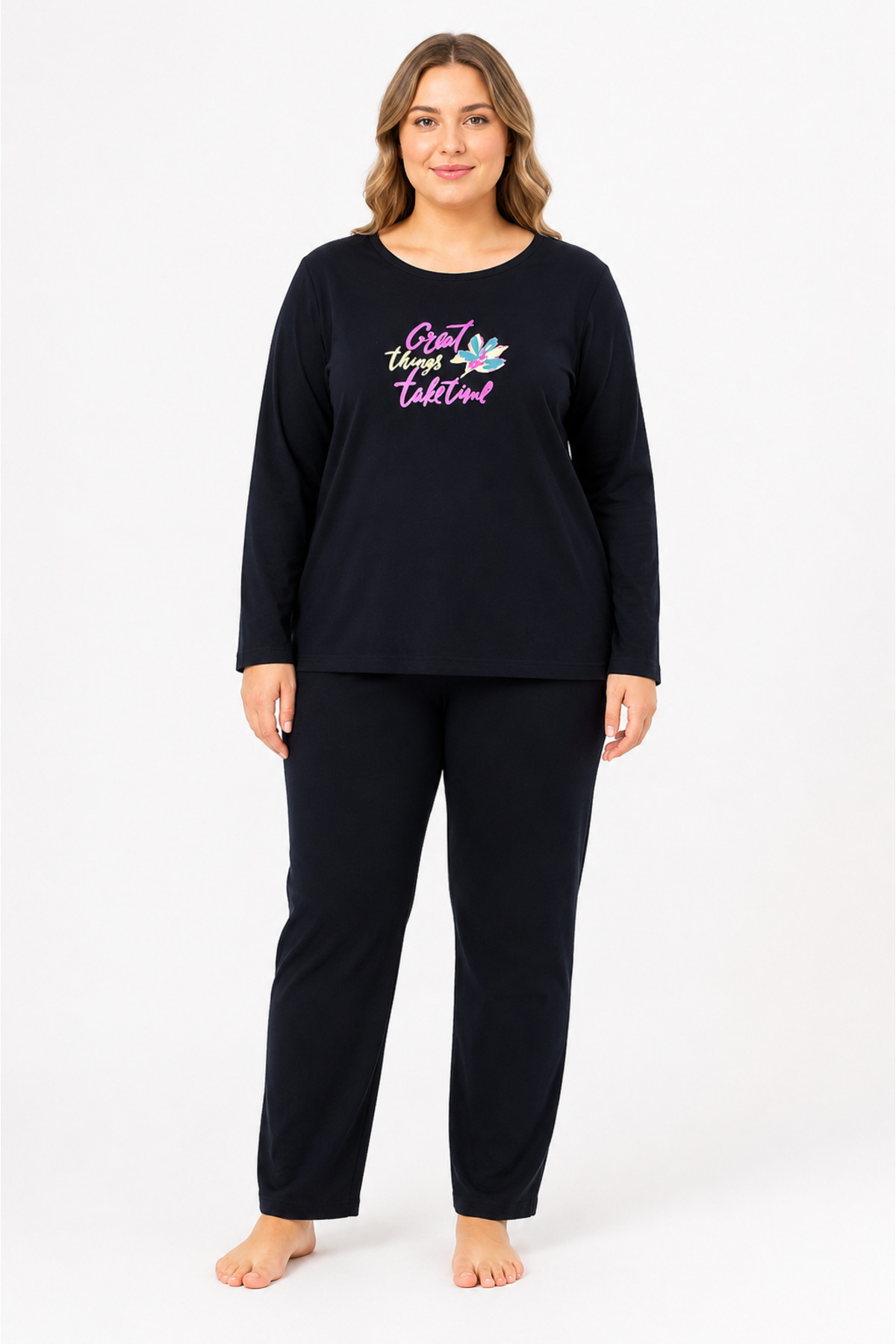 FAMES PİJAMA Büyük Beden Mevsimlik Great Things Desen Siyah Pijama Takımı