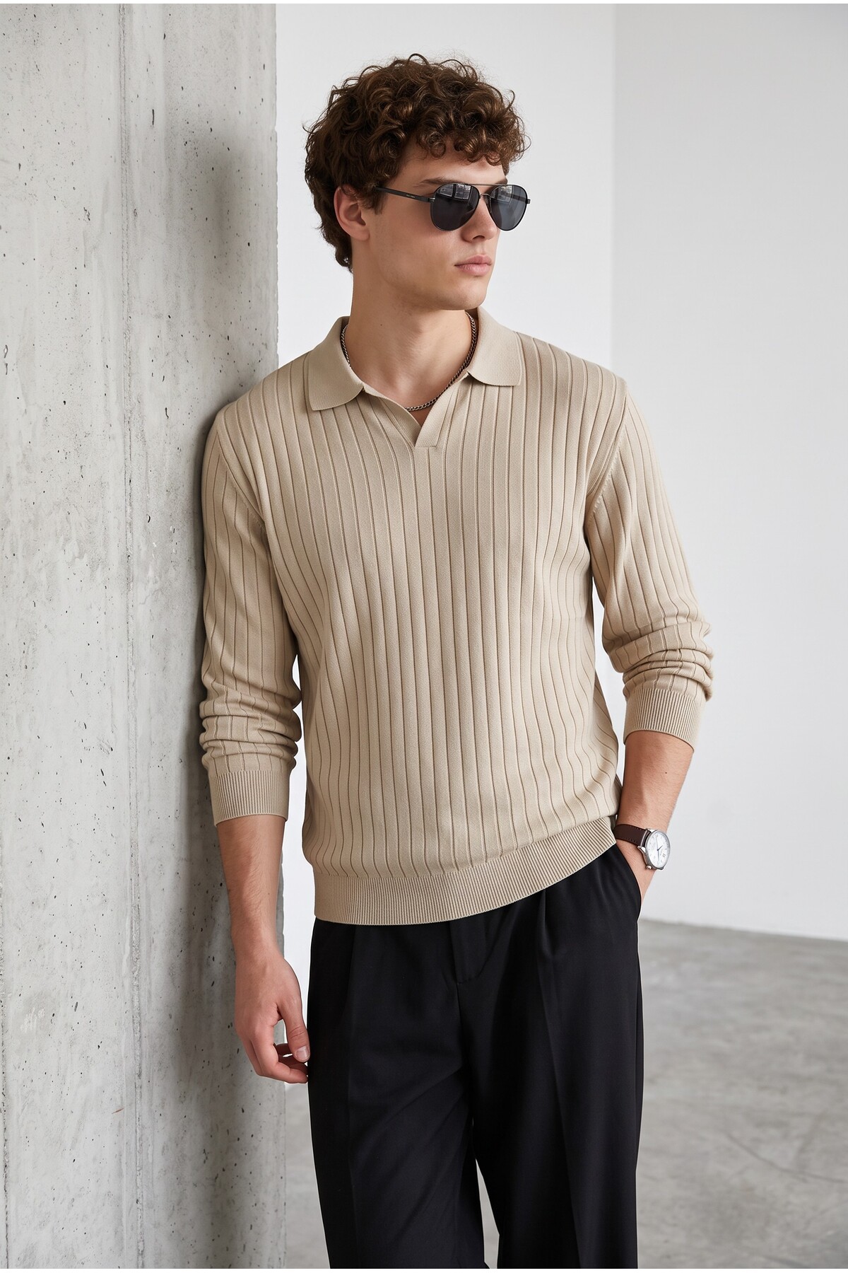 Erkek Polo Yaka Fitilli Kazak — بژ AZSK00111