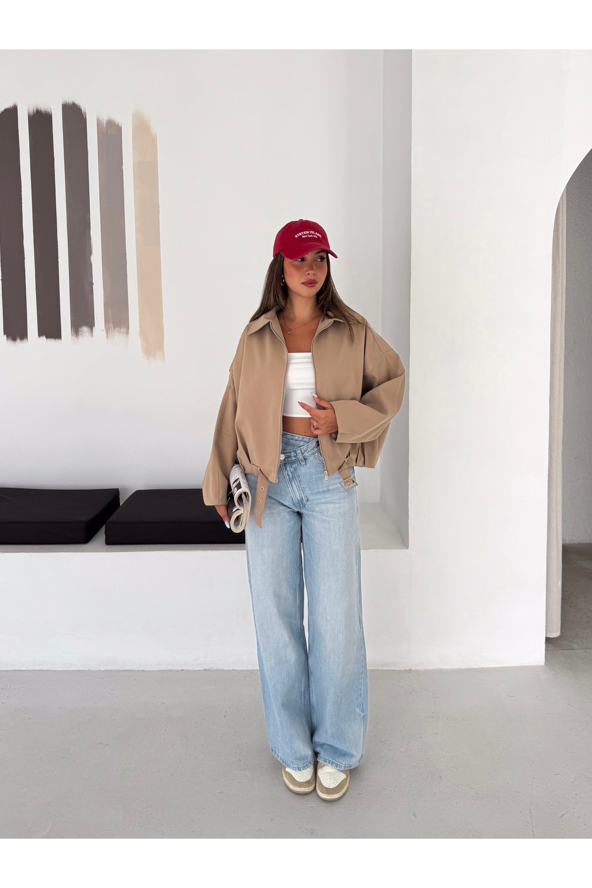 RosePearl Kadın Fermuarlı Düşük Omuz Oversize Bomber Ceket görsel 2