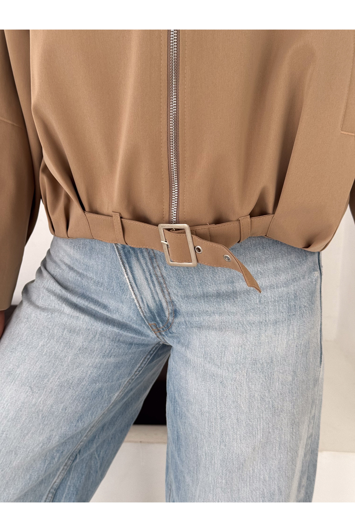 RosePearl Kadın Fermuarlı Düşük Omuz Oversize Bomber Ceket görsel 4