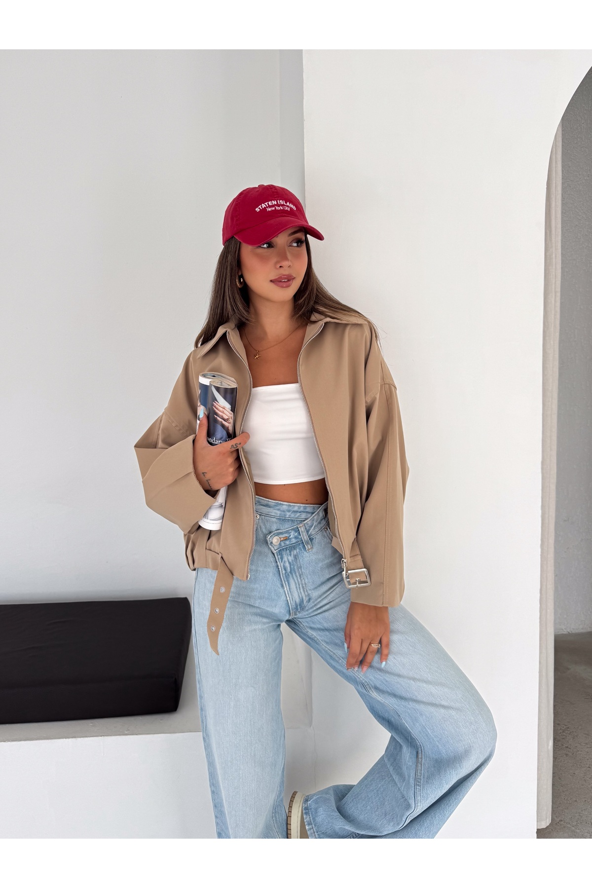RosePearl Kadın Fermuarlı Düşük Omuz Oversize Bomber Ceket görsel 8