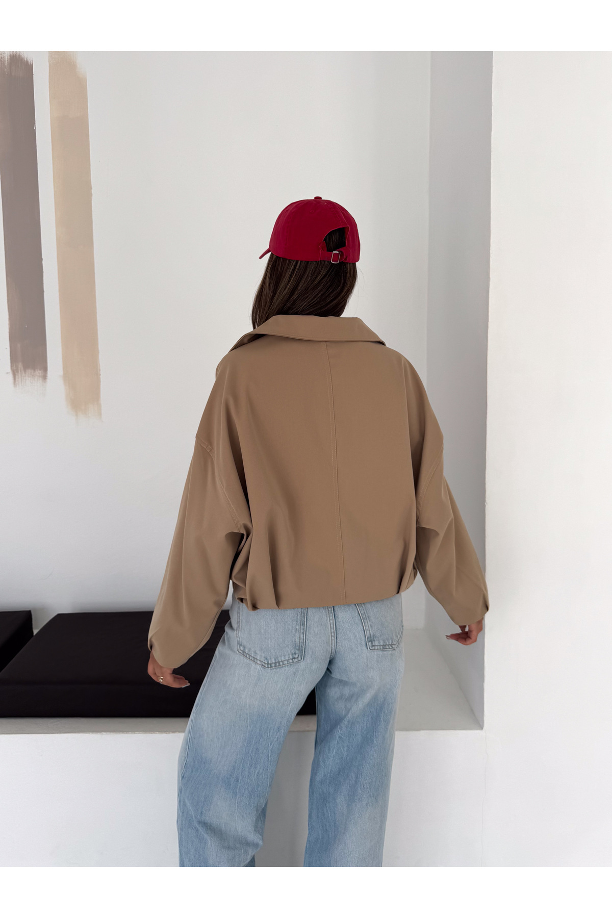 RosePearl Kadın Fermuarlı Düşük Omuz Oversize Bomber Ceket görsel 3