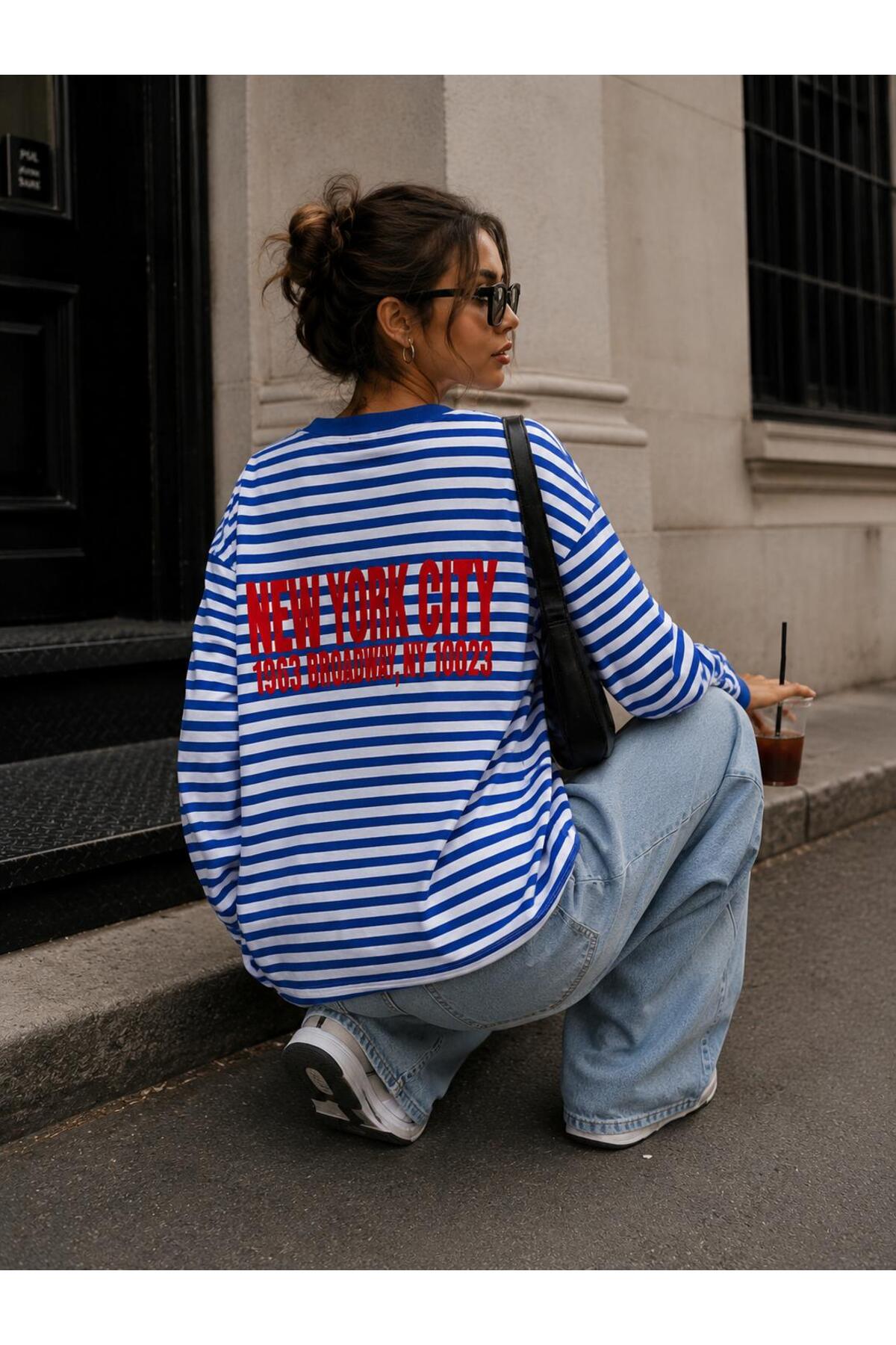 LOVES AGAZA Kadın Mavi Çizgili Oversize Tişört Uzun Kollu Bisiklet Yaka Basic %100 Pamuk görsel 3