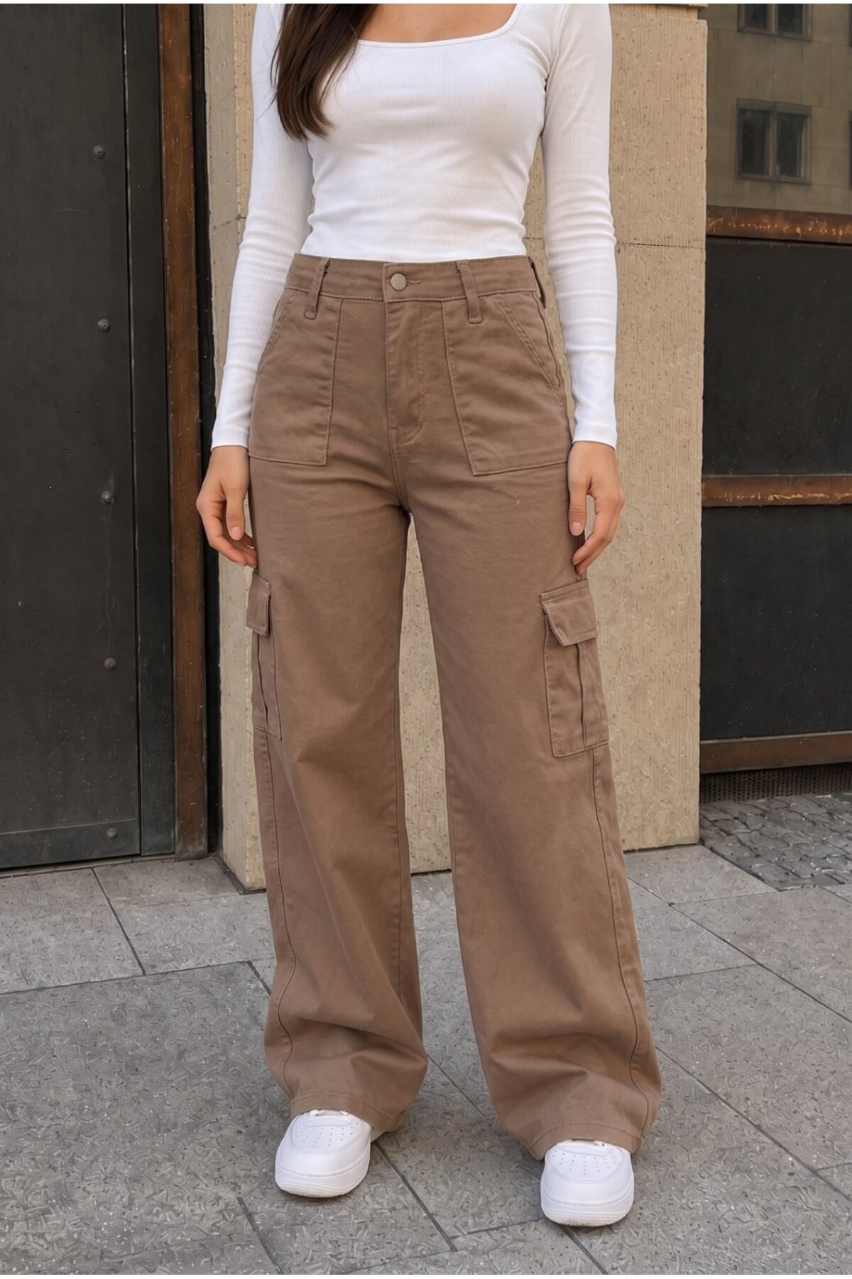 Kargo Cepli Likralı Yüksek Bel Wide Leg Okul Pantolonu Kahverengi 3