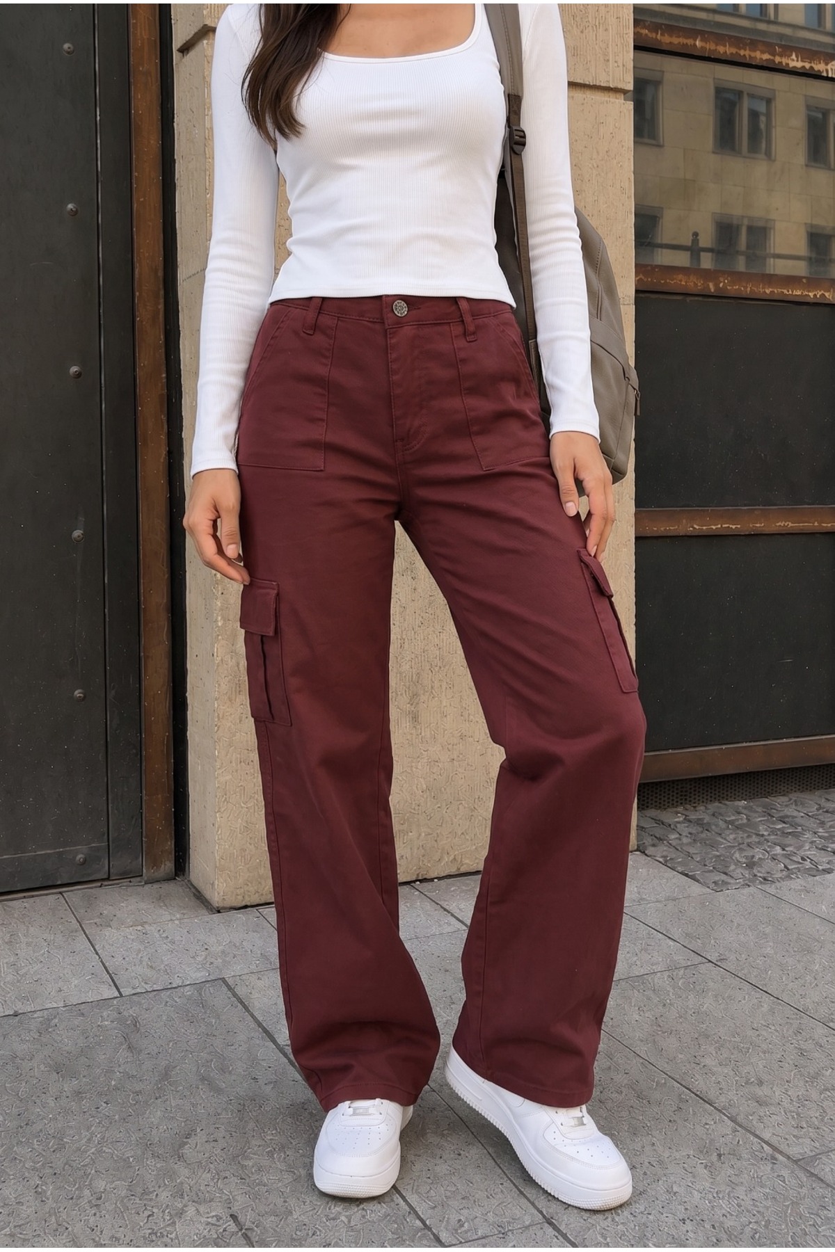 Kargo Cepli Likralı Yüksek Bel Wide Leg Okul Pantolonu Bordo 7