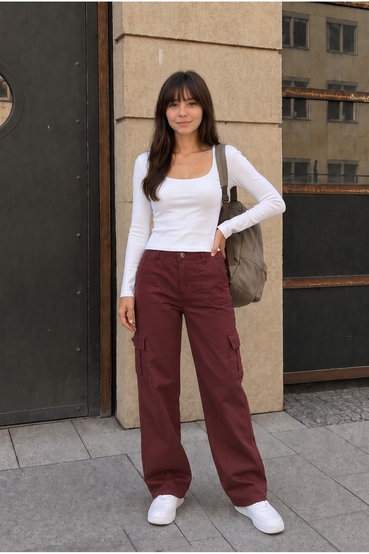Kargo Cepli Likralı Yüksek Bel Wide Leg Okul Pantolonu Bordo 5