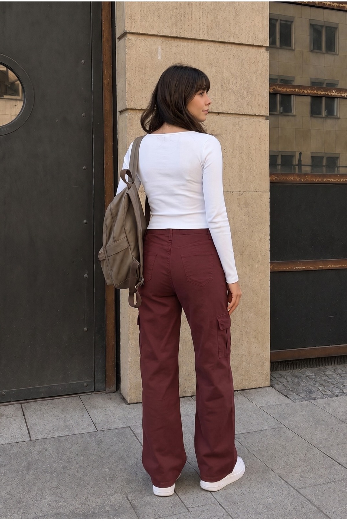 Kargo Cepli Likralı Yüksek Bel Wide Leg Okul Pantolonu Bordo 6