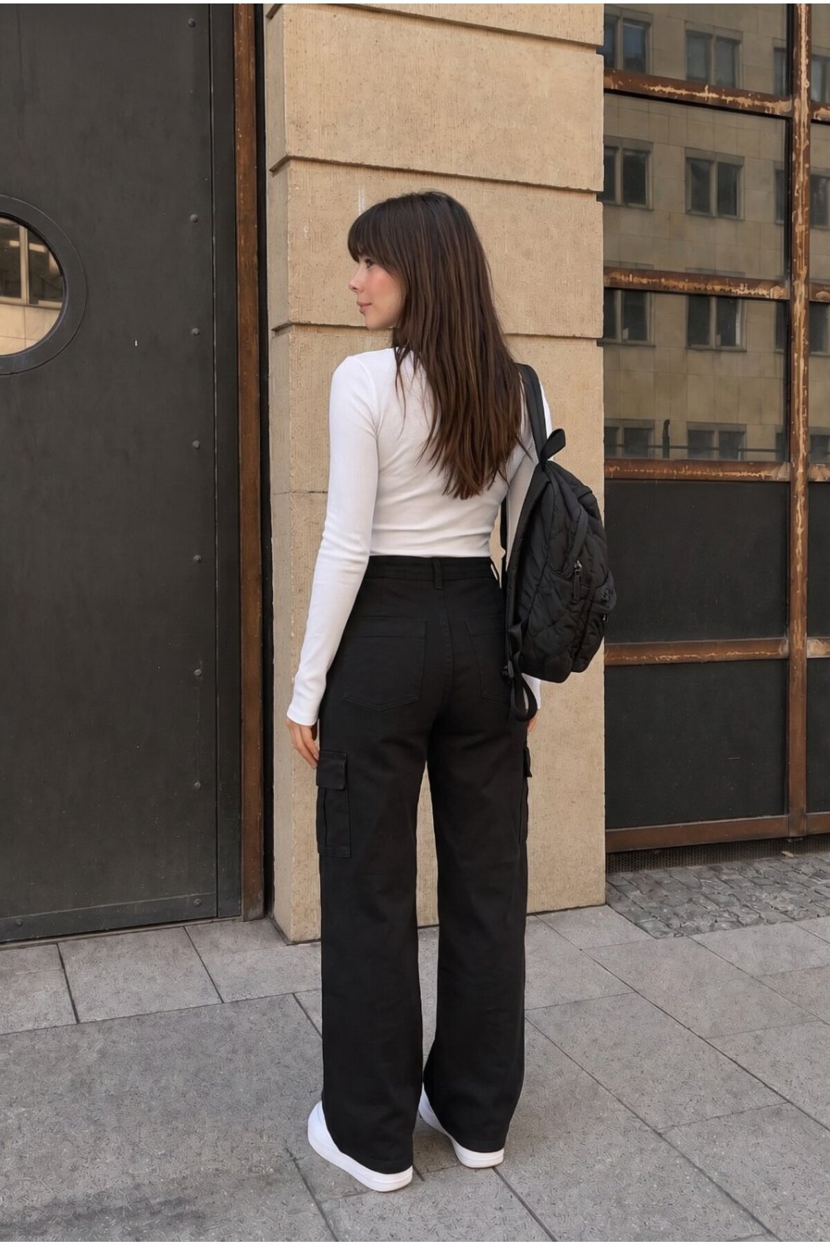 Kargo Cepli Likralı Yüksek Bel Wide Leg Okul Pantolonu siyah 5