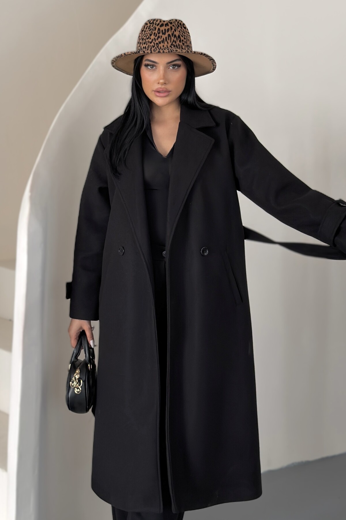 moda armanc Kadın Kuşaklı Astarlı Düğmeli Uzun Kaşe Kaban Palto görsel 6