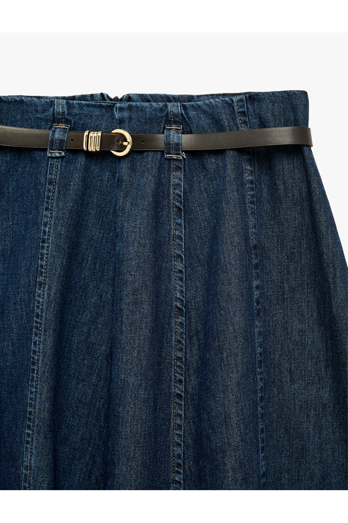 Koton Kemerli Volanlı Normal Bel Rahat Kalıp Pamuklu Denim Midi Etek görsel 3