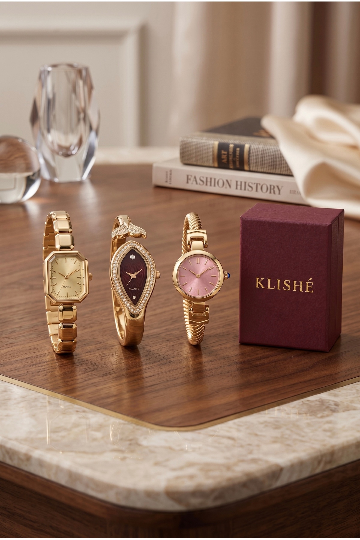 KLISHE 3’lü Luxury Kadın Çelik Saat Seti Kelepçeli Kordon Gold & Bordo & Pembe Renk Vintage Kadın Kol Saati Old Money Zarif Şık Lüks Premium | Limited Edition 2026