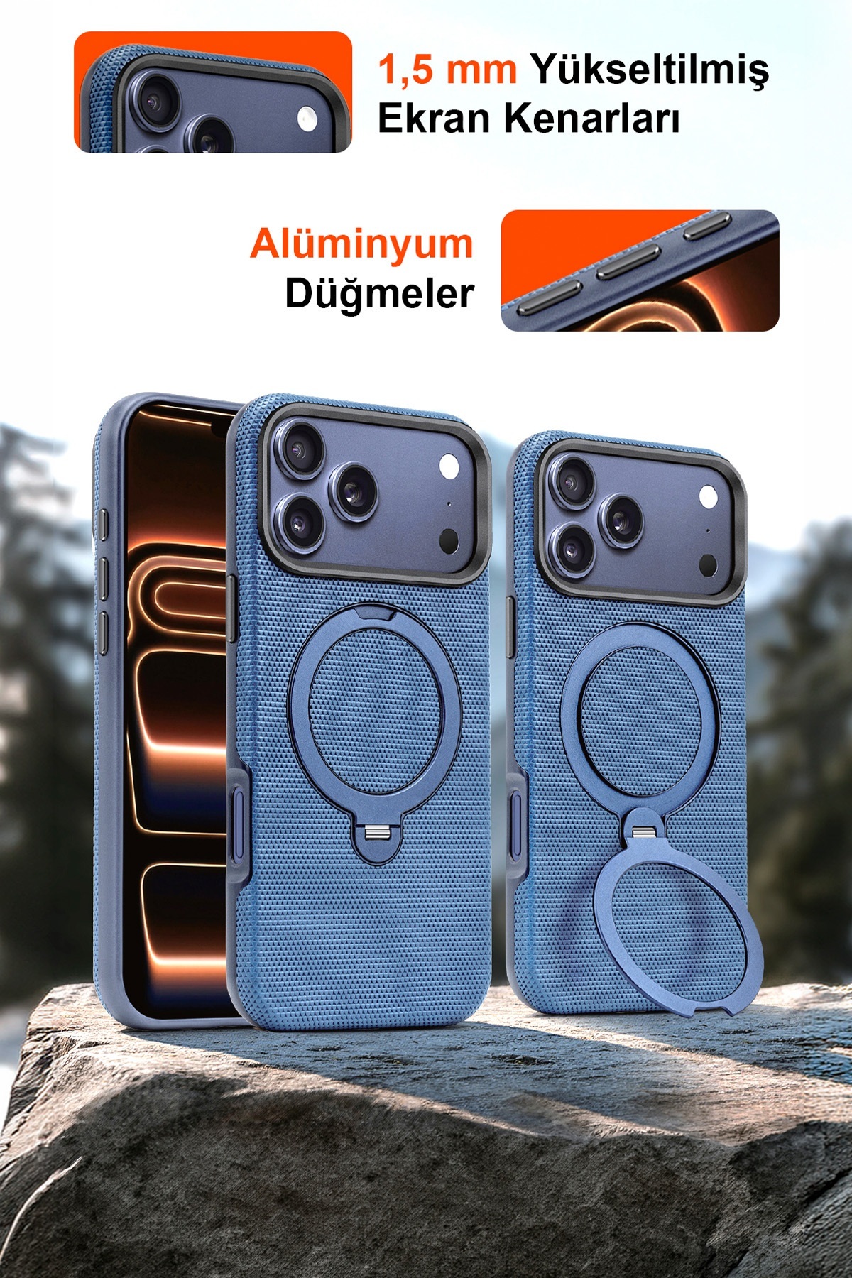 FTPC10 iPhone 17 Pro Uyumlu Turuncu MagSafe Kılıf 360° Döner Metal Halkalı Standlı Manyetik