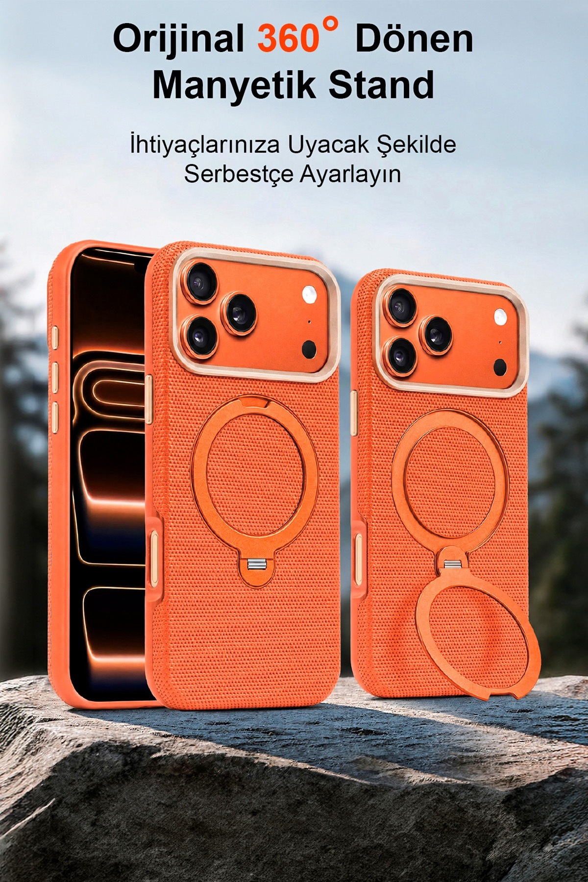 FTPC10 iPhone 17 Pro Uyumlu Turuncu MagSafe Kılıf 360° Döner Metal Halkalı Standlı Manyetik