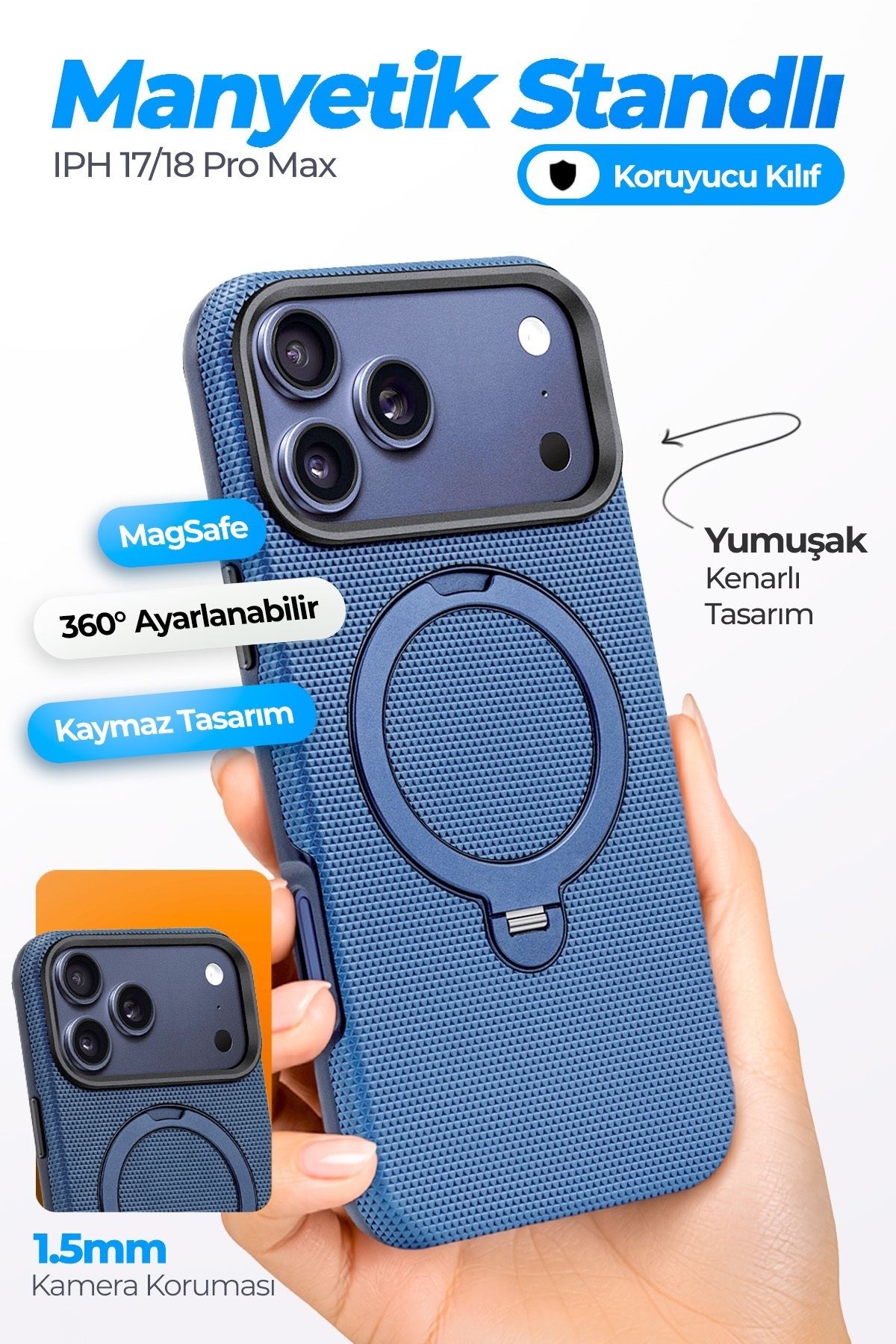 FTPC10 iPhone 17 Pro Max Uyumlu Mavi MagSafe Kılıf 360° Döner Metal Halkalı Standlı Manyeti